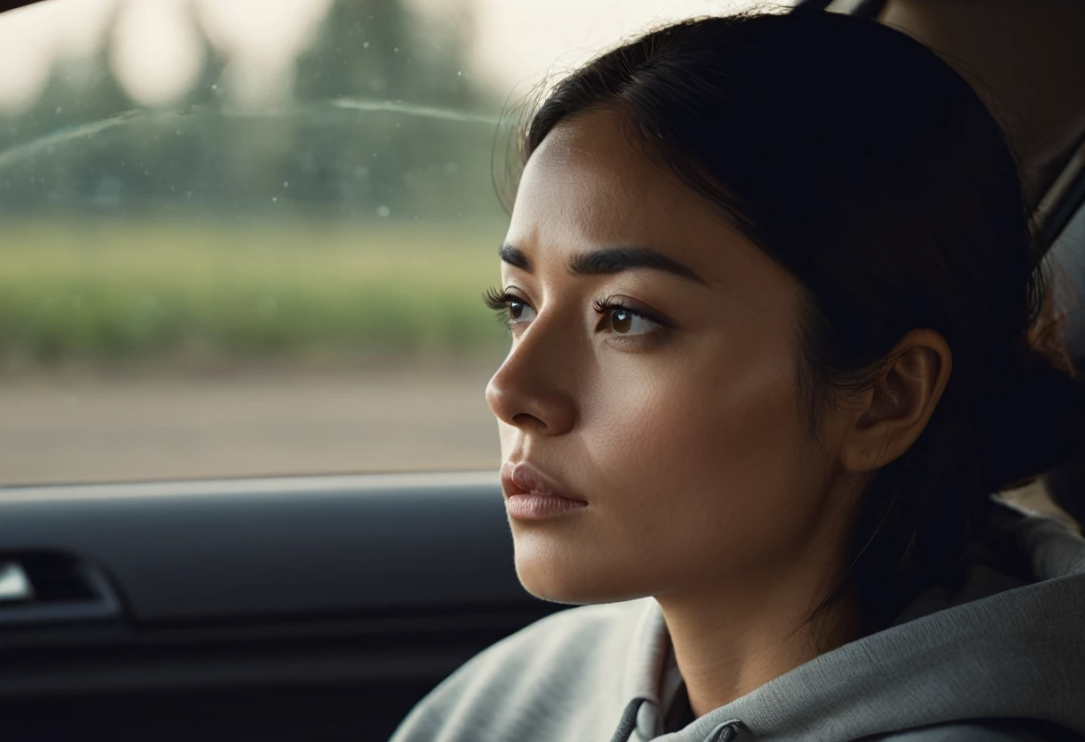 a woman inside a car, seen from the side, with a distant expression on her face, looking thoughtful and lost in her own thoughts, wearing a sweatshirt, (best quality,4k,8k,highres,masterpiece:1.2),ultra-detailed,(realistic,photorealistic,photo-realistic:1.37),intricate details,cinematic lighting,warm color tones,dramatic atmosphere,depth of field,moody,contemplative,pensive expression,side profile,car interior,dashboard,window reflections,depth of field,natural lighting,cinematic composition
