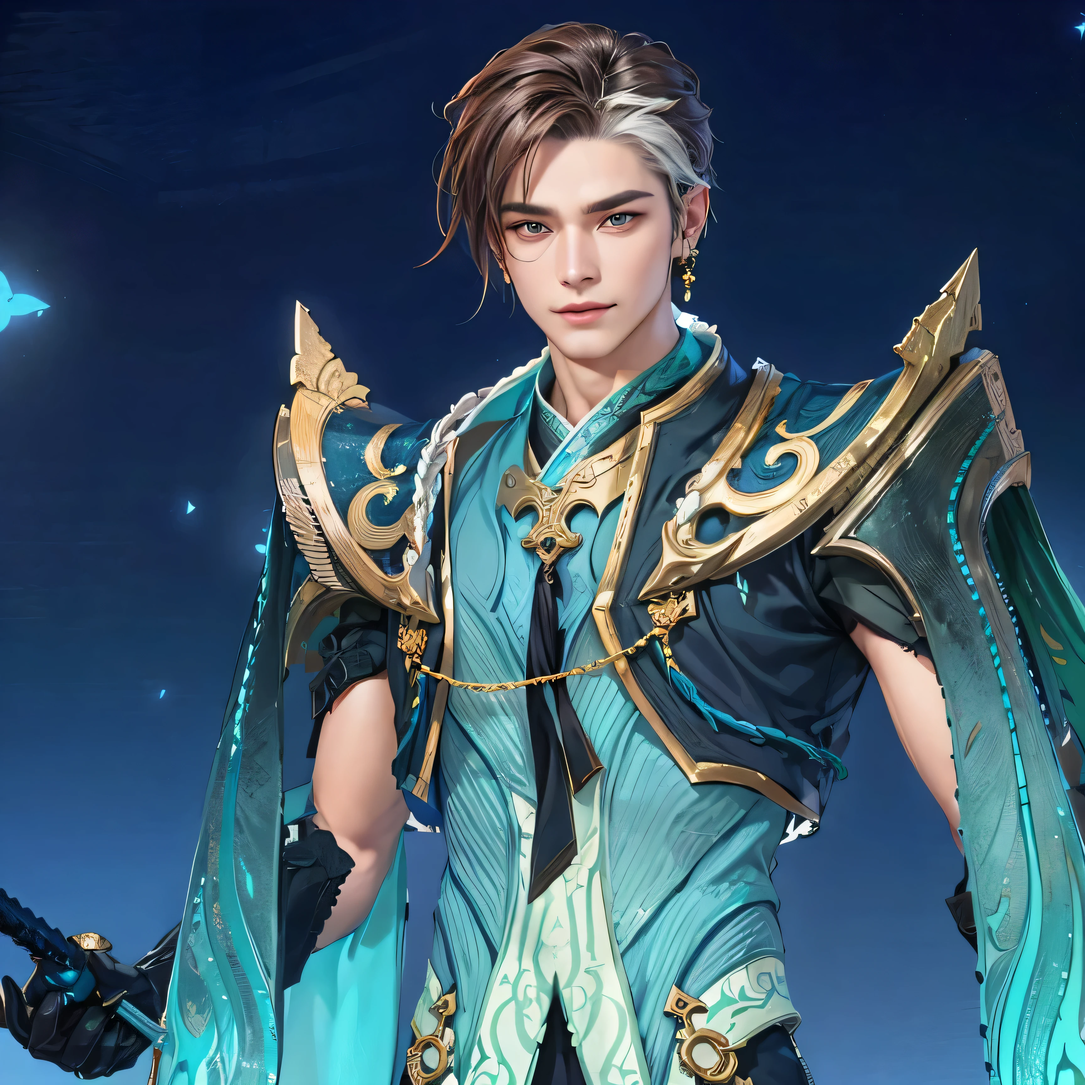 Best quality, masterpiece, detailed skin texture, detailed clothes texture, detailed face, super detail, 8k, intricate detail, 1 boy, The color doesn't change, Muscle guy, 1 guy, smile, a close up of a person with a fan in their hand, heise jinyao, inspired by Huang Shen, zhao yun, keqing from genshin impact, zhongli from genshin impact, bian lian, onmyoji portrait, inspired by Shen Zhou, inspired by Pu Hua, zenra taliyah, sylas, onmyoji detailed art