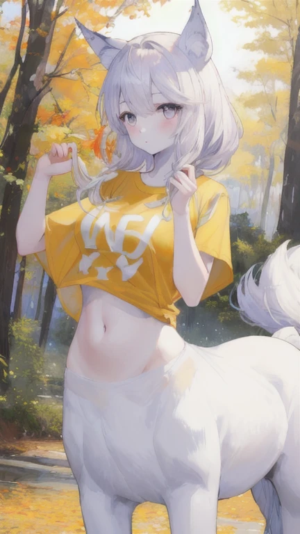 (best quality, masterpiece), 1 girl, centaur, It takes, Undressed ,belly button t-shirt, 아름다운 소녀 perfect wolf photo, perfect wolf photo