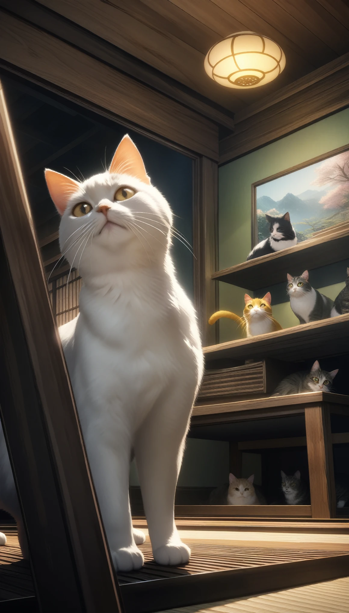 32k, best quality, ultra high res, HDR, UHD, extremely detailed CG, unity 32k wallpaper, Three-haired cat, Indoor Japanese style room background, Looking up, 餌をねだるThree-haired cat, Close-up,