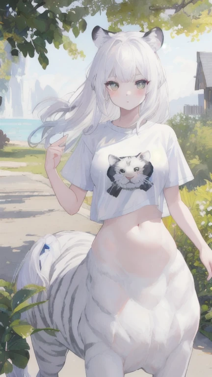 (best quality, masterpiece), 1 girl, centaur, It takes, White skin,belly button t-shirt, beautiful girl perfect white tiger photo, perfect white tiger photo