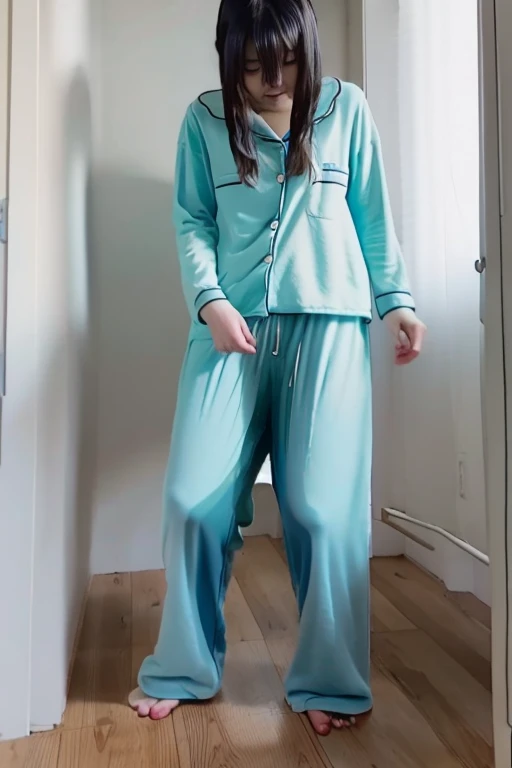 Japanese Girl thin body sees the ghost and pees her light blue lose pajama pants until his pants are wet pants in fright.