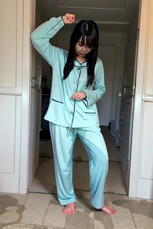 Japanese Girl thin body sees the ghost and pees her light blue lose pajama pants until his pants are wet pants in fright.