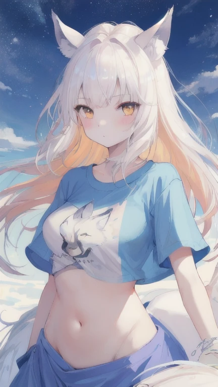 (best quality, masterpiece), 1 girl, centaur, It takes, White skin, Korean , exposing the abdomen,belly button t-shirt, 아름다운 소녀 perfect white tiger photo, perfect white tiger photo