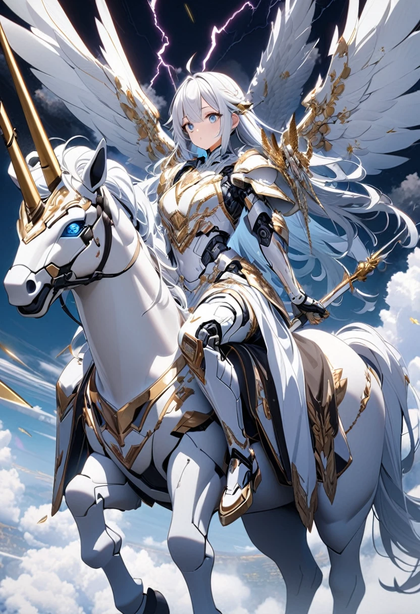 8k, 1girl, robot girl, long white hair,cyborg style Wearing luxurious white armor,Numerous gold decorations on armor, resting on a white winged unicorn with white cyborg style、on the unicorn carrying a large sword fly in the sky,Many clouds, lightning,