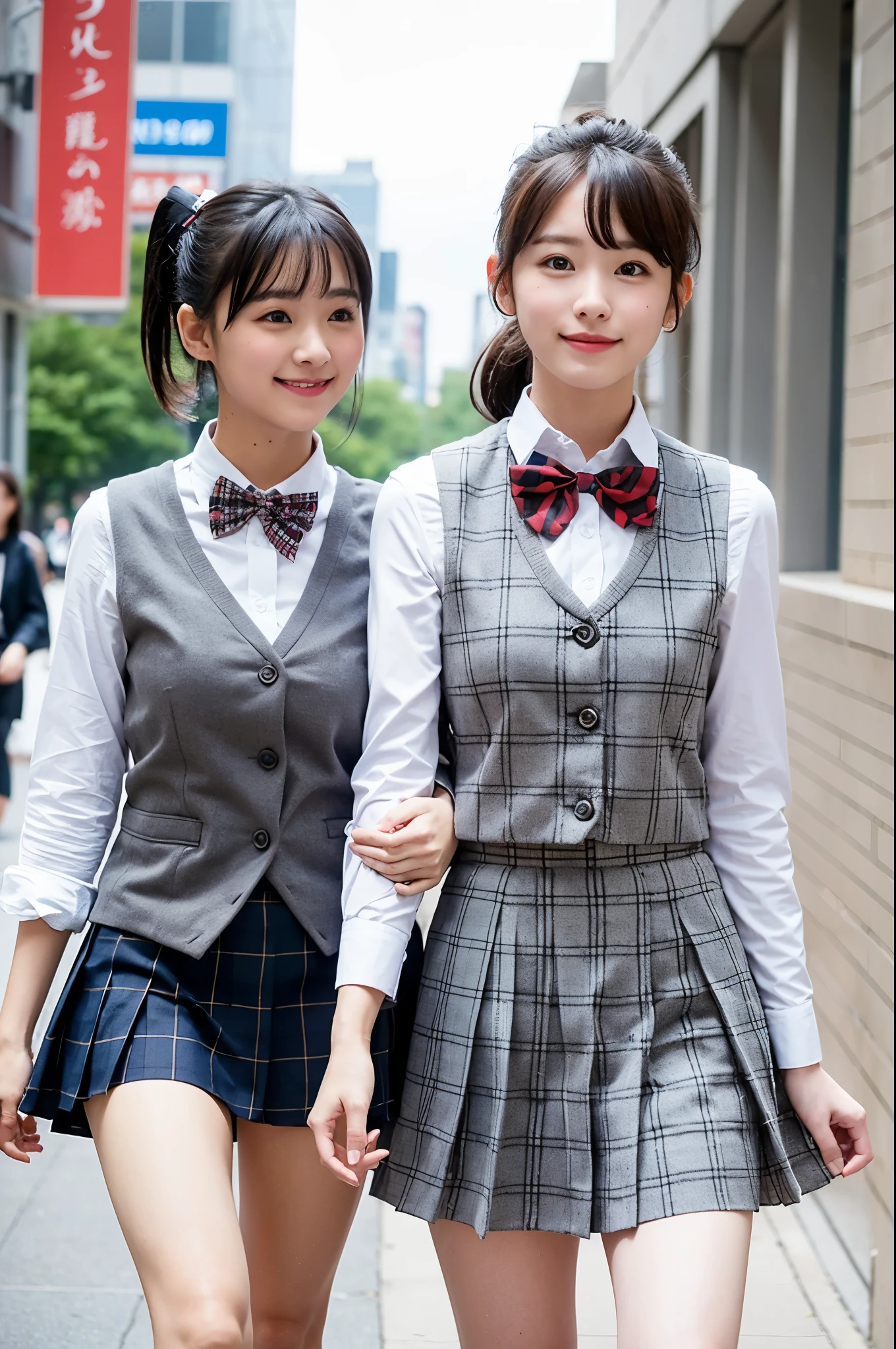 2 girls walking in city,gray plaid vest over white shirt with red bow tie,gray plaid pleated skirt,18-year-old,bangs,a little smile,thighs,knees,short hair and low ponytail with barrette,from beside,front light