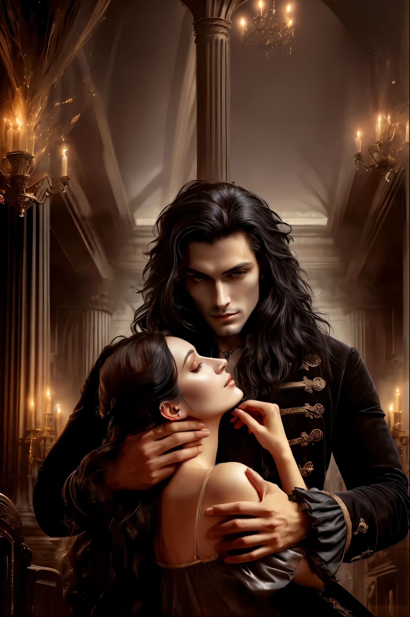 romantic novel cover depicting a dark fantasy scene. It features a tall man with extraordinarily long, flowing black hair and piercing sinister black eyes, enhancing his mysterious and dangerous aura. He is dressed in an elaborate black medieval nobleman's jacket, holding a young noble Frenchwoman by the chin and tenderly kissing her neck. The woman's skin is delicately flushed, and she wears an elegant, simple nightgown. Her expression is a mix of surprise and subtle pleasure. The background shows a lavishly decorated dungeon with ornate details, creating a deeply atmospheric and romantic setting. This cover intensifies the themes of dark romance and fantasy.