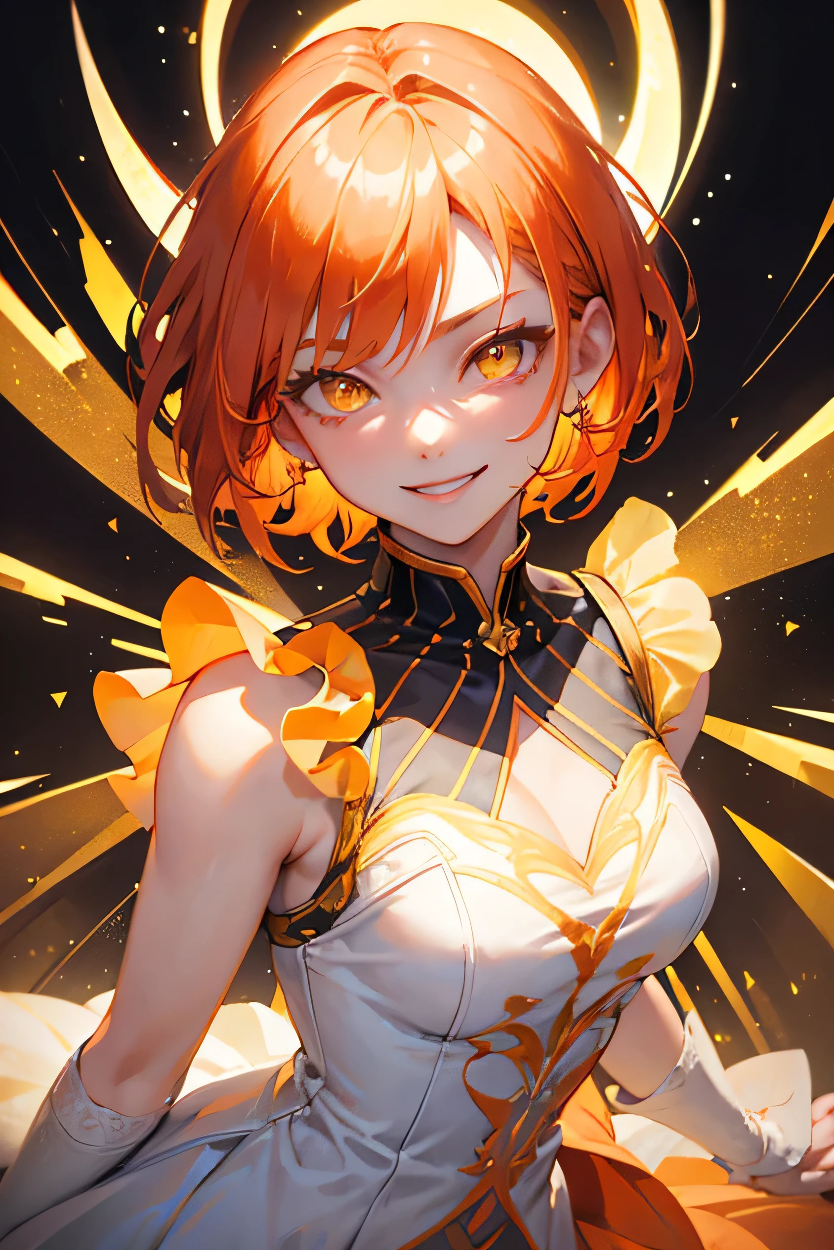 masterpiece, (highest quality), up to date、Orange Hair, (Glowing yellow eyes)、short hair, Back view、Adult woman in white dress、kaleidoscope background、Upper body close-up、((Evil Smile))、(Evil Smile)