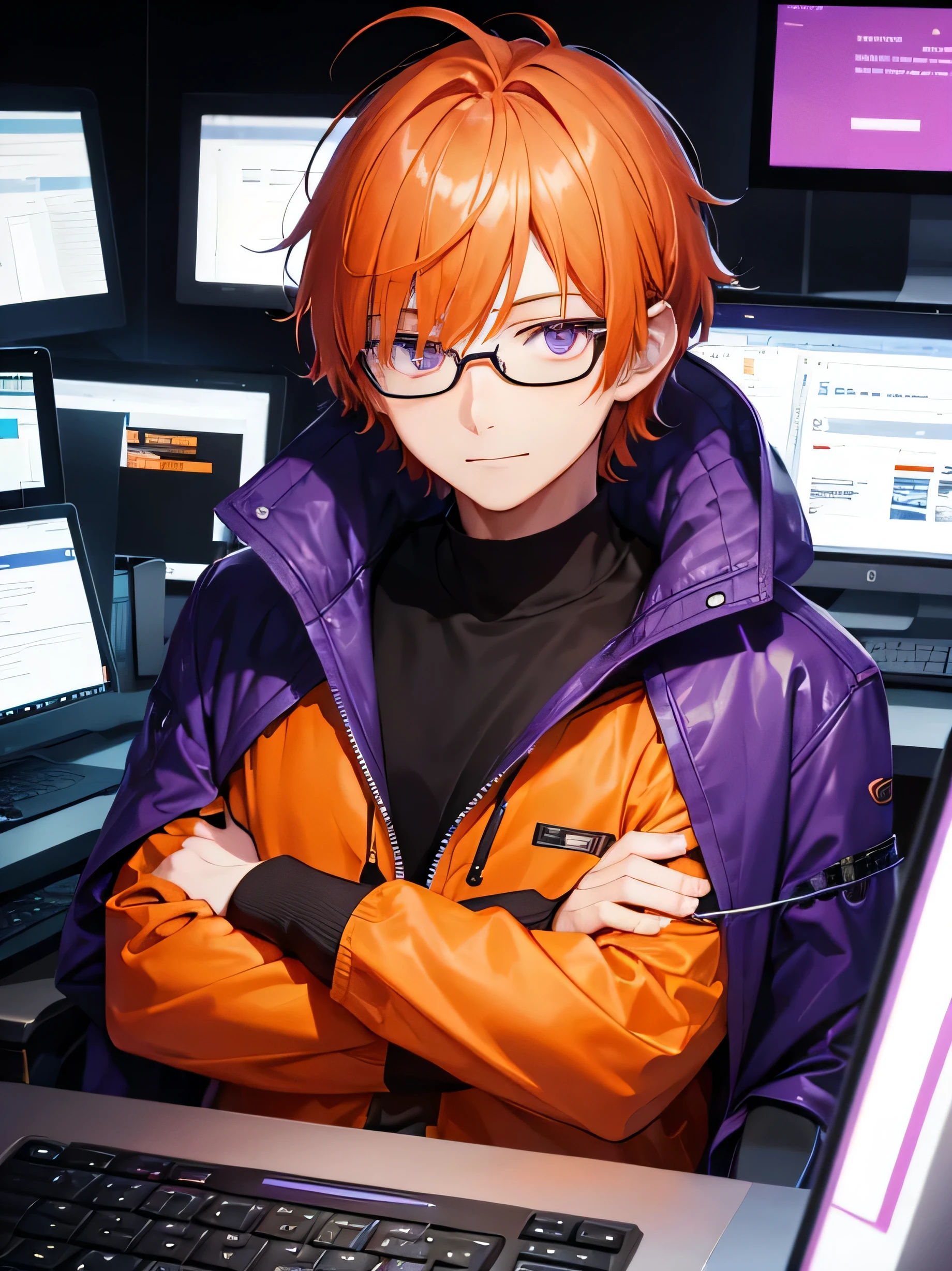 a close up person in jacket, orange-haired and purple-eyed male character wearing glasses and an expert in technology with a slightly smiling expression on the background in front of the computer, turned his head straight