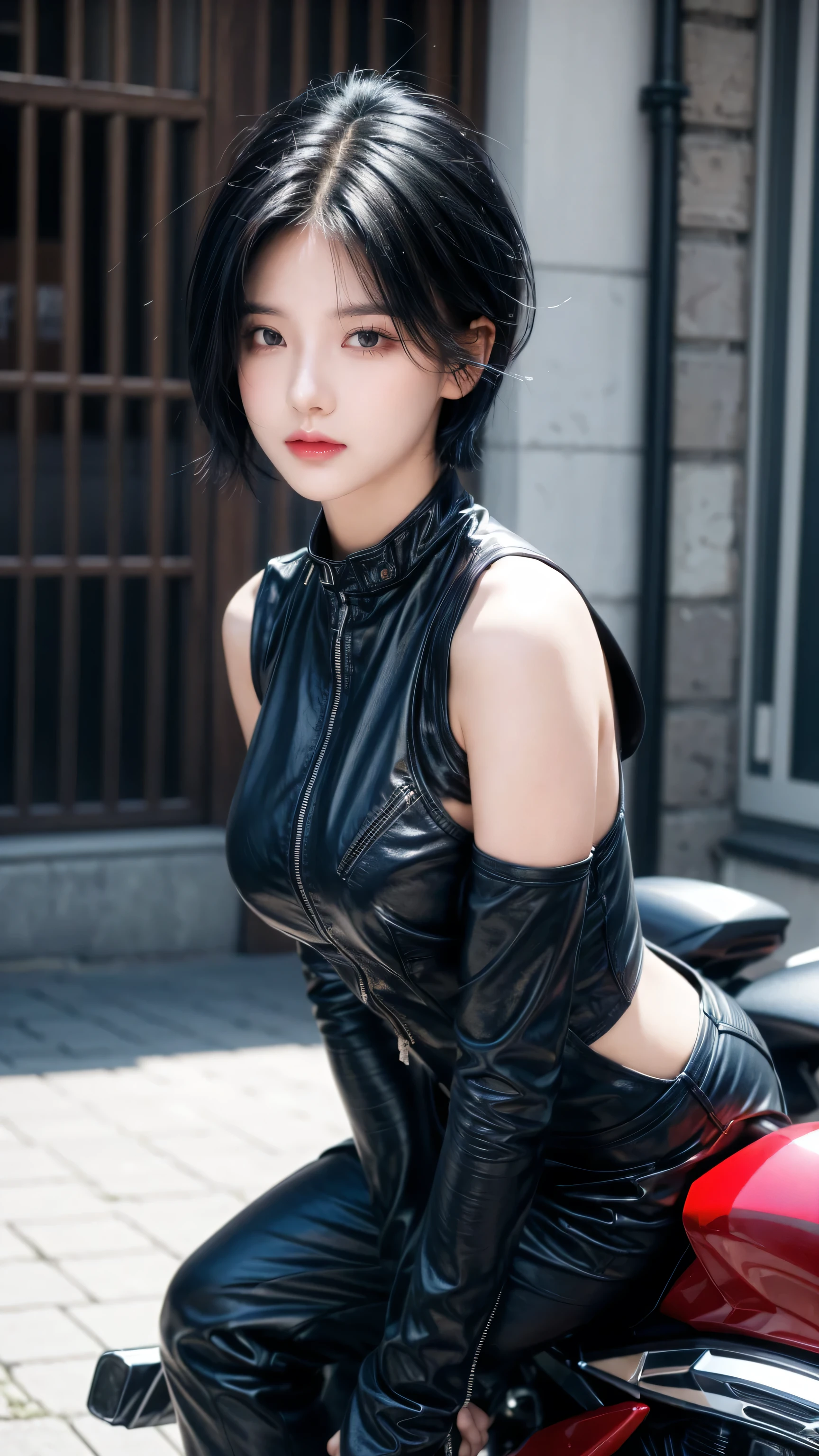 best quality, 1 Girl, dark blue hair, black eyes, Very short hair, Spiky hair, body sport, 171 cm, Messy hair, Hair between the eyes, Medium breasts, full, Tomboy, aldult, 20 years old, 1 Girl near red motorcycle