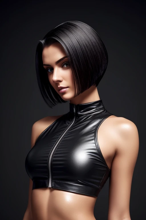 Gorgeous european woman with very short straight hair, short hair, wet hair, hair slicked back, combed straight back, slick hair, black gradient hair, black tape project, cleavage, solid dark grey background