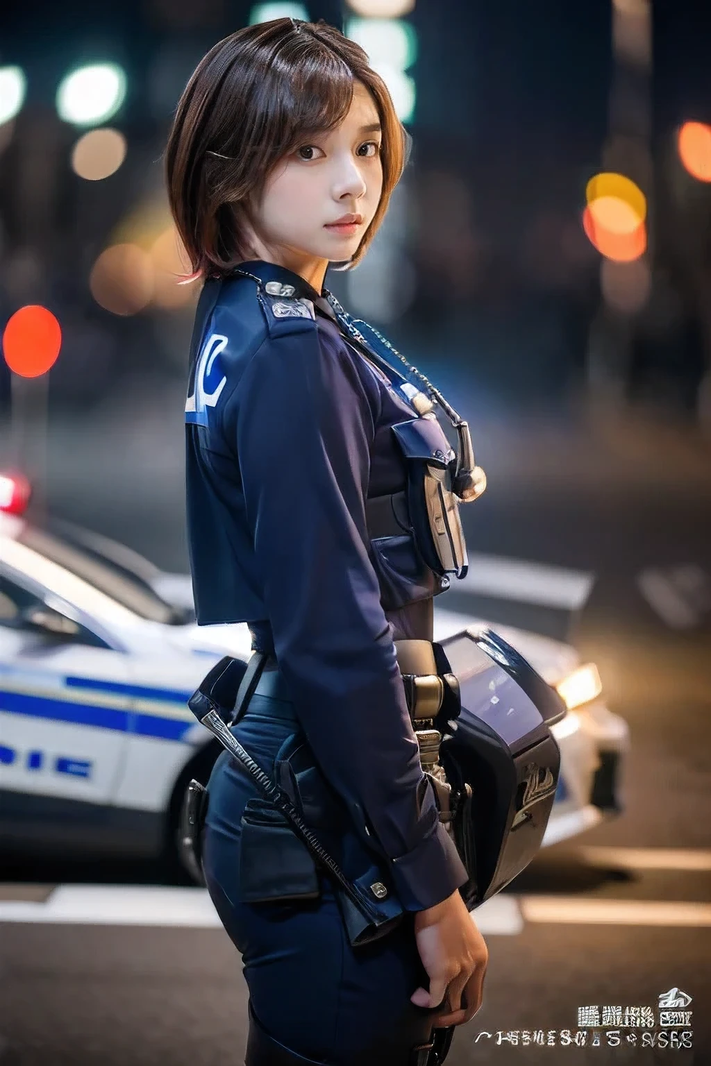 (An 18-year-old female police officer holding a pistol:1.5)、(Stern profile:1.2)、(The best quality at its best:1.4), (Super detailed), (Very detailed CG unified 16k), Beautiful woman with perfect figure: 1.4, Sharp focus: 1.2, Very detailed, High-quality RAW color photos, Professional photography, Great face and eyes, cosmetics, (Amazingly beautiful girl), ((police officer uniform:1.5)), Sexy posture，(View from below), Realistic movie faces, Full body long view from head to toe, Realistic, ((Realistic natural orange red hairstyle, Realistic blue eyes)), ( Short Bob Hair:1.5), (necklace:1.5)、, Very beautiful face, Perfect model beauty, Mouth swelling, Highly detailed face and skin texture, Fine grain, double eyelid, Medium chest, (masterpiece), highest quality, High resolution, Very detailed, Blurred Background, Depth of written boundary, Cinema Lighting, Great legs, , Clear, well-maintained skin,