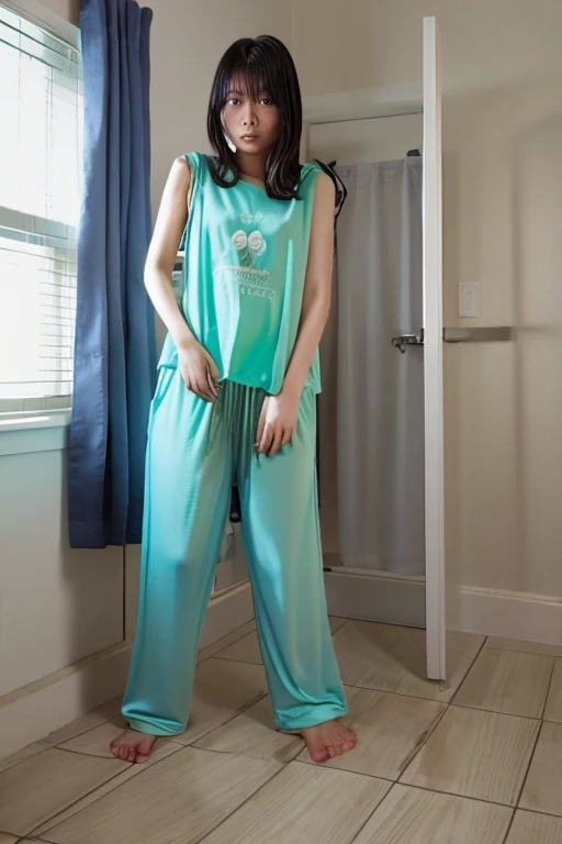 Japanese Girl thin body sees the ghost and pees her light blue lose pajama pants until his pants are wet pants in fright.