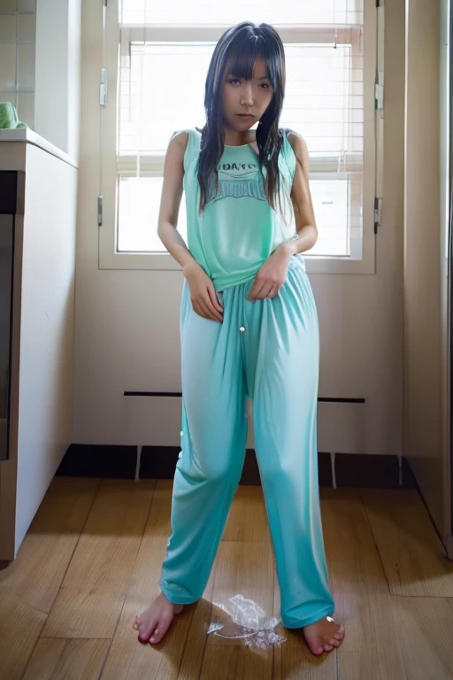 Japanese Girl thin body sees the ghost and pees her light blue lose pajama pants until his pants are wet pants in fright.