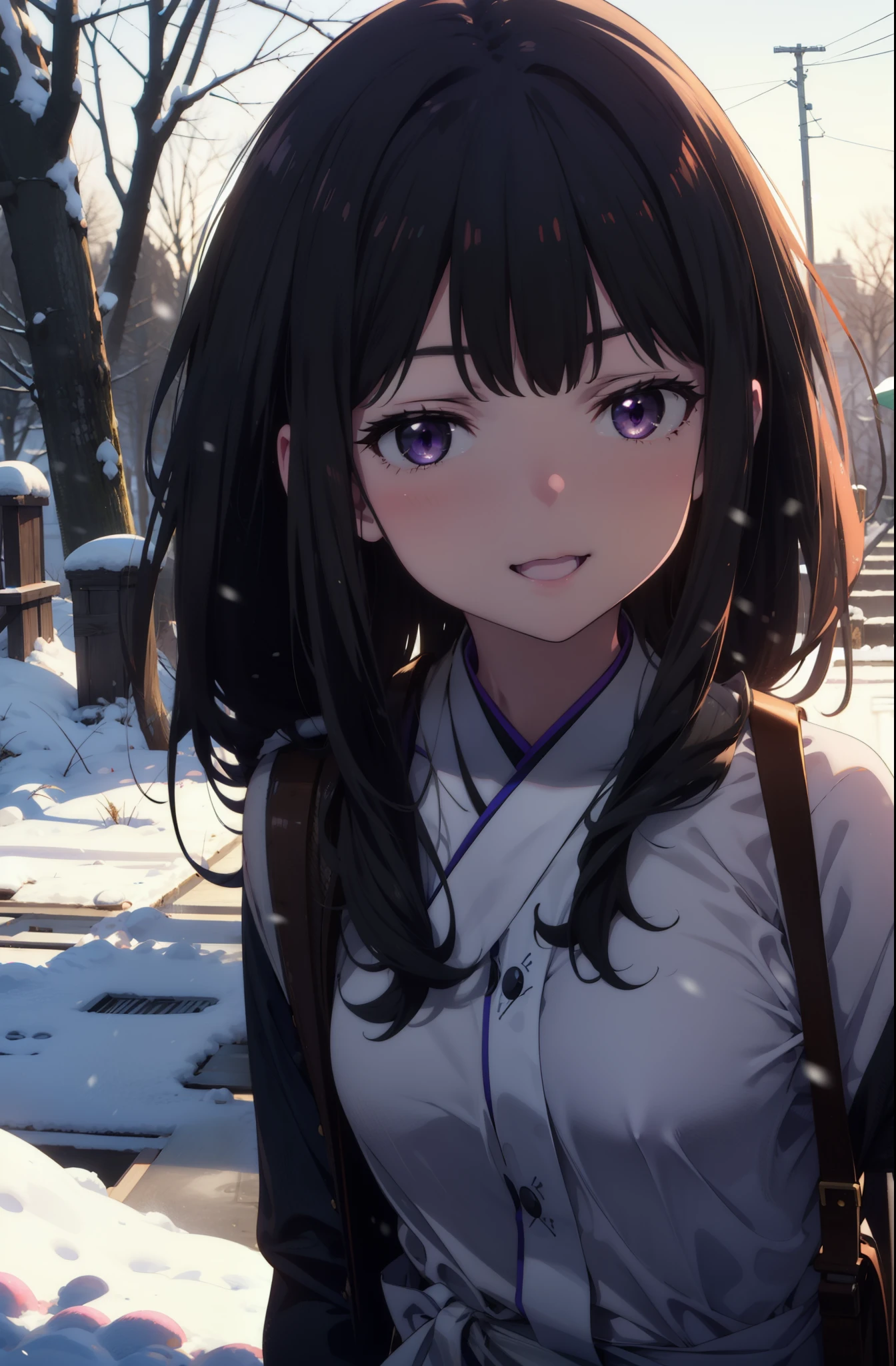 Takiuchi, Inoue Check, Long Hair, bangs, Black Hair, (Purple eyes:1.2),smile,
Open your mouth,snow,There'Fire burning on the ground, Outdoor, boots, snowing, From the side, wood, suitcase, Cape, Blurred, forest, nature, Squat, Cape, winter, Written boundary depth, Black shoes, blue Cape break looking at viewer, Upper Body, whole body, break Outdoor, forest, nature, break (masterpiece:1.2), highest quality, High resolution, unity 8k wallpaper, (shape:0.8), (Beautiful and beautiful eyes:1.6), Highly detailed face, Perfect lighting, Highly detailed CG, (Perfect hands, Perfect Anatomy),
