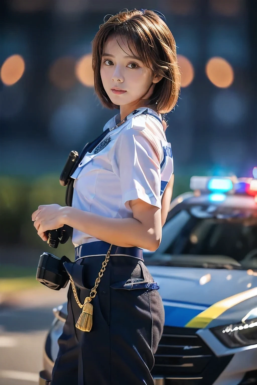 (An 18-year-old female police officer holding a pistol:1.5)、(Stern profile:1.2)、(The best quality at its best:1.4), (Super detailed), (Very detailed CG unified 16k), Beautiful woman with perfect figure: 1.4, Sharp focus: 1.2, Very detailed, High-quality RAW color photos, Professional photography, Great face and eyes, cosmetics, (Amazingly beautiful girl), ((police officer uniform:1.5)), Sexy posture，(View from below), Realistic movie faces, Full body long view from head to toe, Realistic, ((Realistic natural orange red hairstyle, Realistic blue eyes)), ( Short Bob Hair:1.5), (necklace:1.5)、, Very beautiful face, Perfect model beauty, Mouth swelling, Highly detailed face and skin texture, Fine grain, double eyelid, Medium chest, (masterpiece), highest quality, High resolution, Very detailed, Blurred Background, Depth of written boundary, Cinema Lighting, Great legs, , Clear, well-maintained skin,