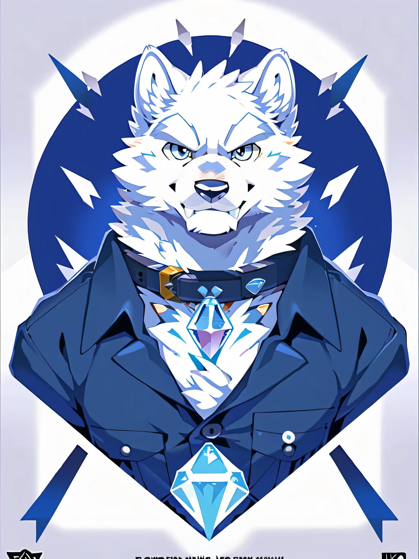 Snow Wolf, ((All white fur:1.5)), Perfect sky blue eyes, collar, (artist:Takemoto Arashi), Mature face, (Reach out:1.5), Charming smile, Unbutton your shirt, Logo, stamp, Geometric patterns, Vector Art, Constructivism, American propaganda poster, best quality, Ultra HD, gem, crystal