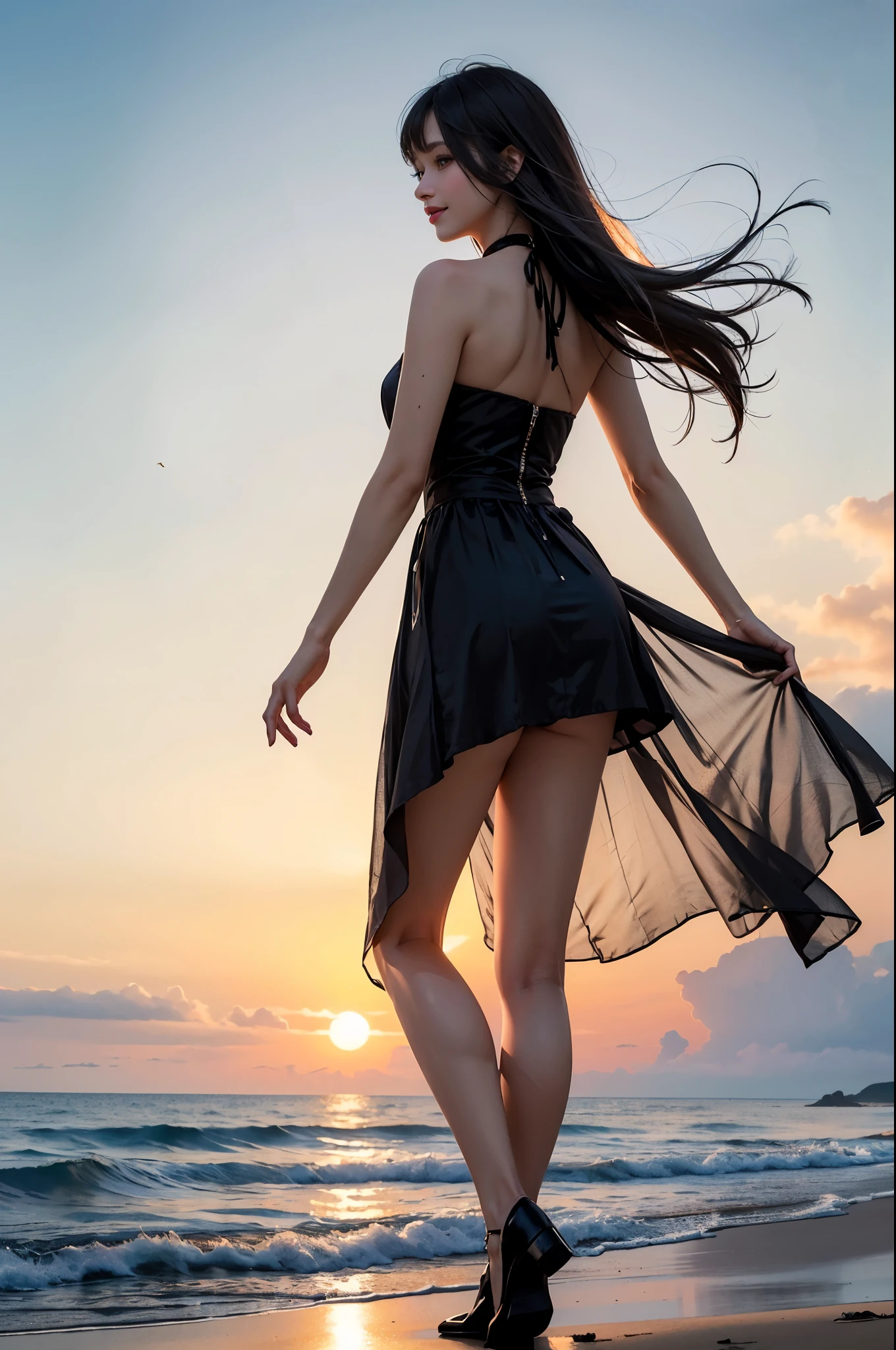 1 girl, blonde hair, gray hair, long hair, bangs, sparkling eyes, long eyelashes, pupils shine, compensate, smile, Depth of bounds written, from below, silhouette, from behind, wide shot, f/1.4, 135mm, canon, nffsw, retina, Accurate, anatomically correct, rough skin, Super detailed, advanced details, high quality, 最high quality, High resolution, 8K, (Woman walking on the beach at sunset), Backlit silhouette, (see-through black dress), ((A silhouette of the body is visible through the light.)), (hair blowing in the wind), (Skirt soars in the wind)