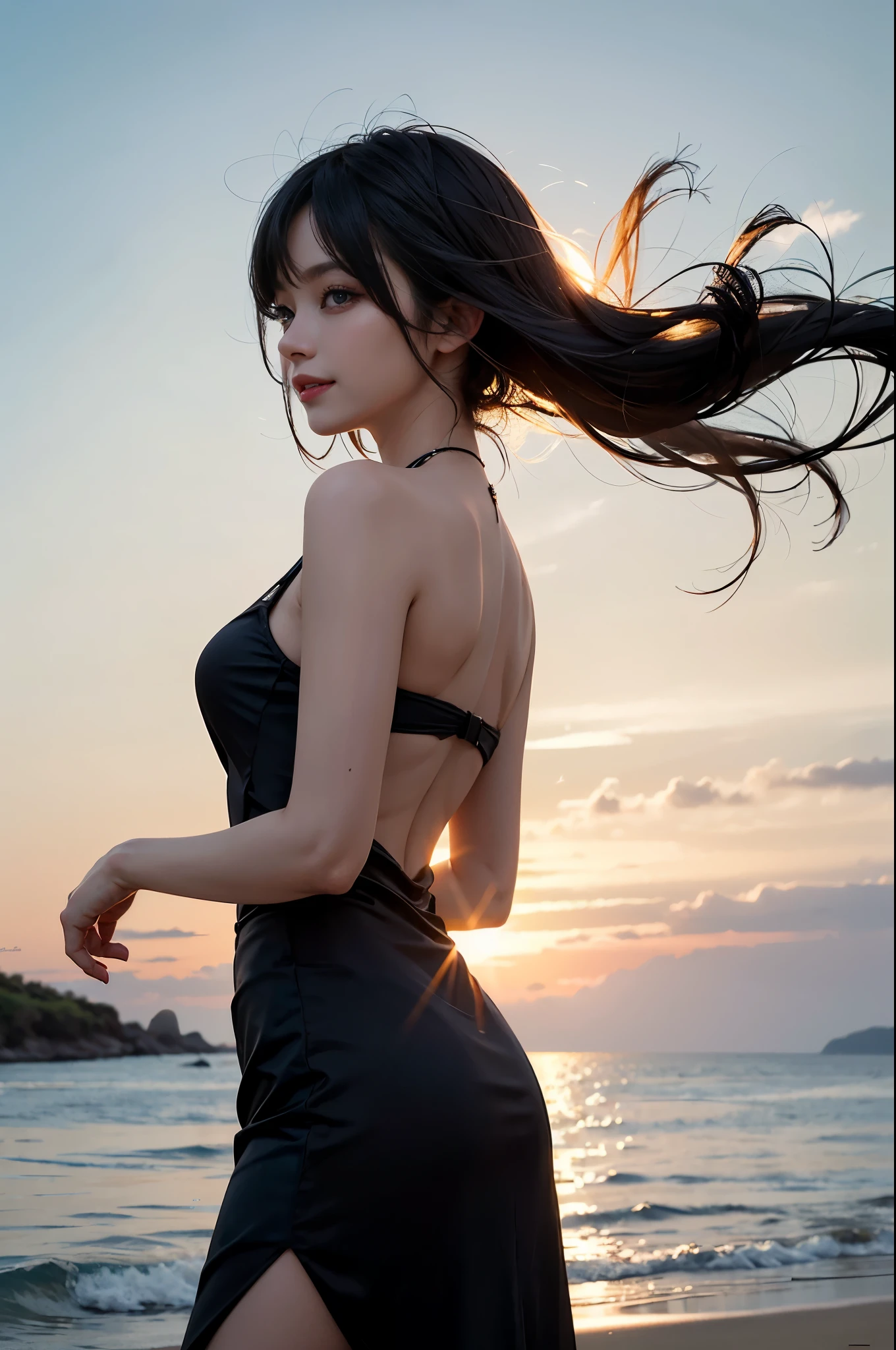 (((The fantastic sunset of the Uyuni Salt Flats is reflected in the background))), (Two beautiful 14 year old girls, Baby Face:1.5, Same height:1.2) ,Back view, ((Couple Focus)), (Japanese Idol), (Happy smile), Stand next to each other, Upper Body, (Sexy black dress:1.4), Thin thighs, Recall, (Realistic ass crack:1.3, Beautiful buttocks:1.4), Beautiful Hair, Smooth and shiny hair, (High color saturation:1.0), (Highly detailed skin), (highest quality:1.0), (超A high resolution:1.0), (Like the picture:1.0), (Ultra-detailed:1.0), (highest quality, 8k, RAW Photos:1.1), (Beautiful breasts:1.3), (Small and slender figure), Slender body line, (Detailed eyes and face:1.2), (Detailed hands:1.2), (Perfect Anatomy:1.4), (Beautiful pose), (Hair soaring in the wind:1.4), (Dress flipped up by the wind:1.4), (Gaze at the viewer:1.2)