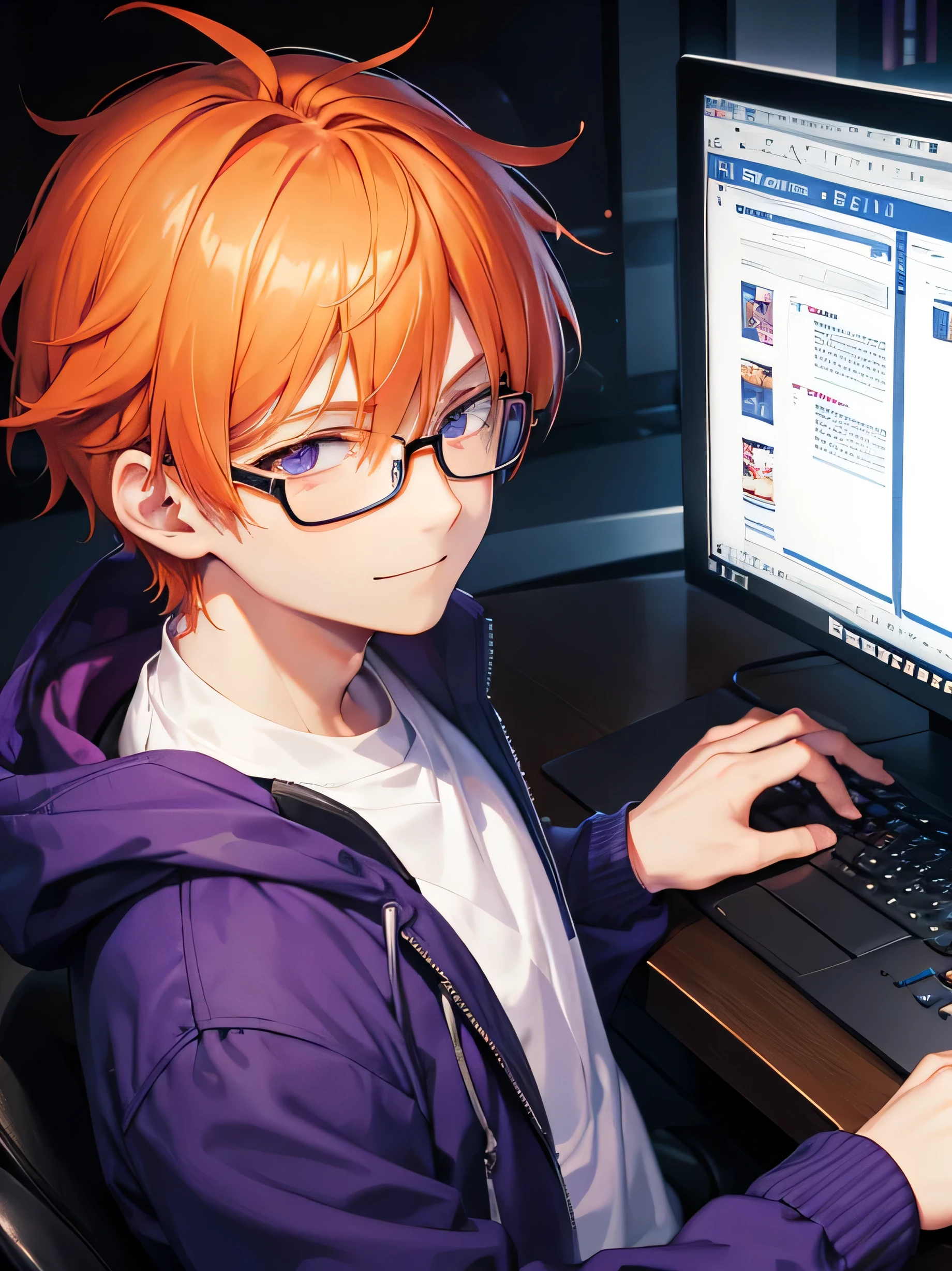 a close up person in jacket, orange-haired and purple-eyed male character wearing glasses and an expert in technology with a slightly smiling expression on the background in front of the computer, turned his head straight