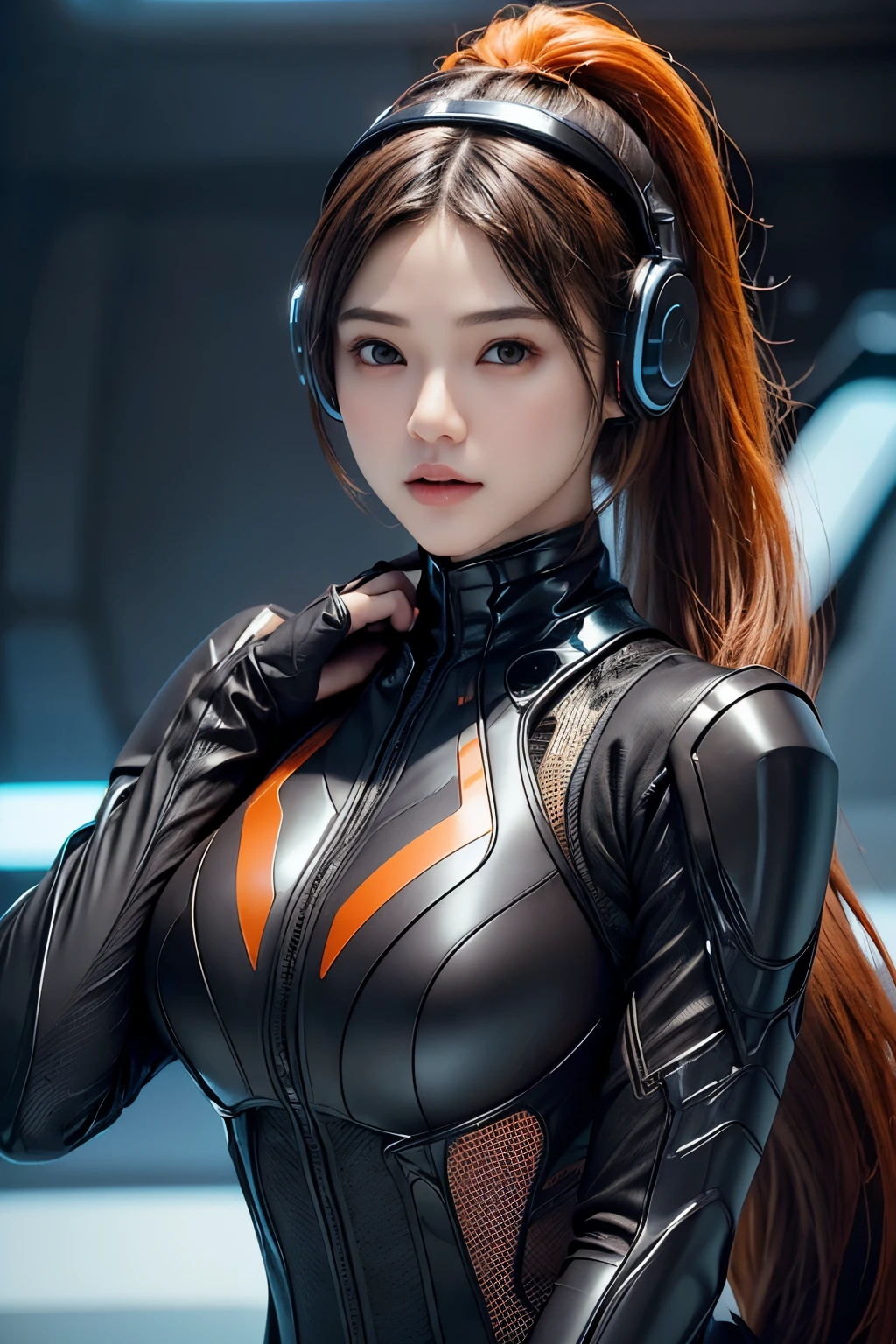 Top Quality, Masterpiece, Ultra High Resolution, (Photorealistic: 1.4), Raw Photo, 1 Girl, Black Hair, Glossy Skin, 1 Mechanical Girl, (((Ultra Realistic Details)), (realistic face: 1.2), realistic skin, Global Illumination, Shadows, Octane Rendering, 8K, Ultra Sharp, Intricate Ornaments Details, wearing Futuristic Headphone,  Futuristic headgear, very intricate detail, realistic light, CGStation trend, brown eyes, glowing eyes, matte black and glossy orange bodysuit, orange lining on suit, Long hair, Ponytail hair, half body shot, spaceship bridge background, dynamic pose, she claps her hands 