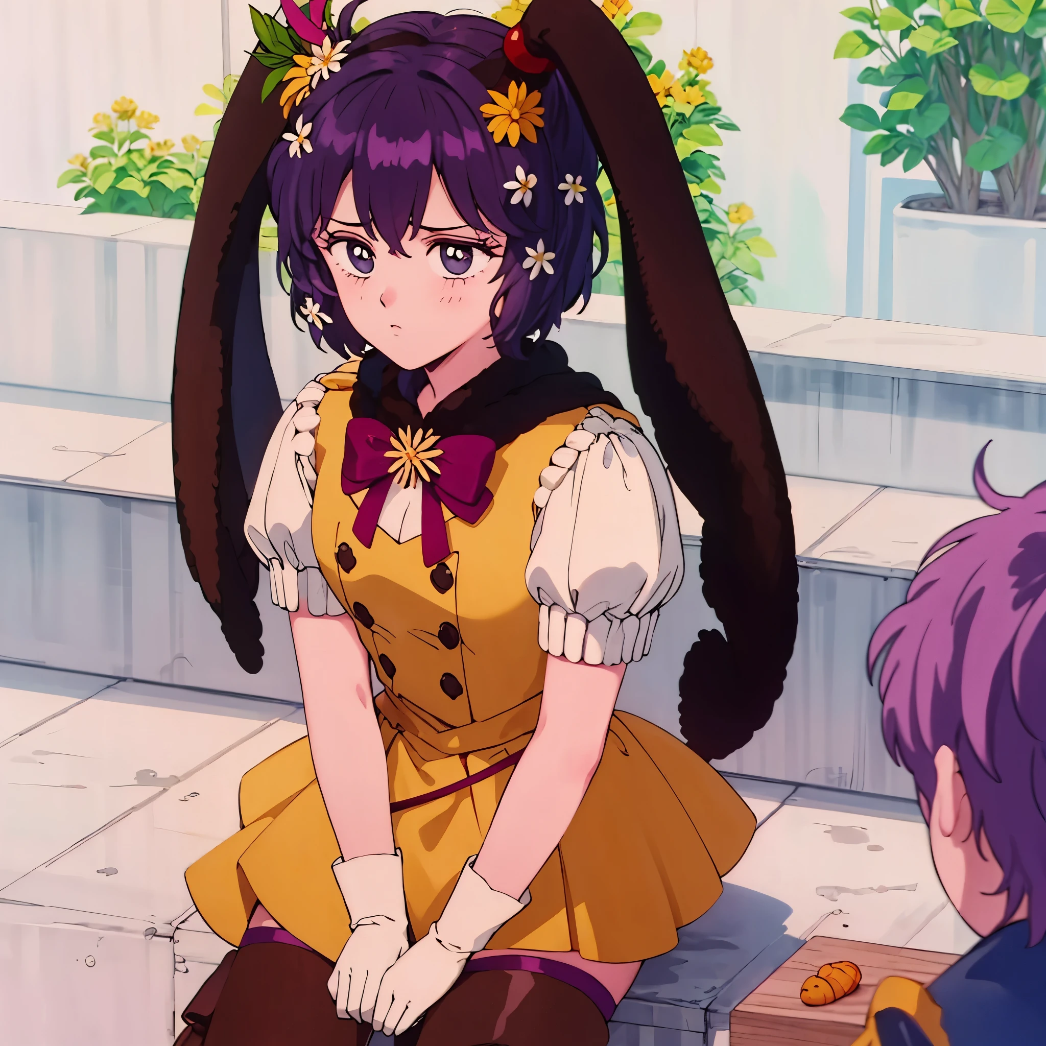 Masterpiece, solo, 1girl, upper body, sprBernie, fake bunny ears, bowtie, hair flower, yellow dress, short sleeves, white gloves, brown boots