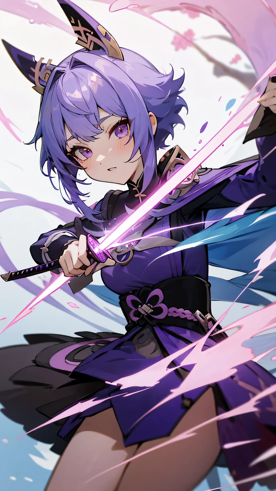 (Girl: long purple hair, red eyes, top shirt for girls types, a combat stance with a sword)), hair over shoulder, long hair, short ponytail, side ponytail, front ponytail, hair two side up, hair over one eye, high ponytail, one side up, dilated pupils, light smile, drunk