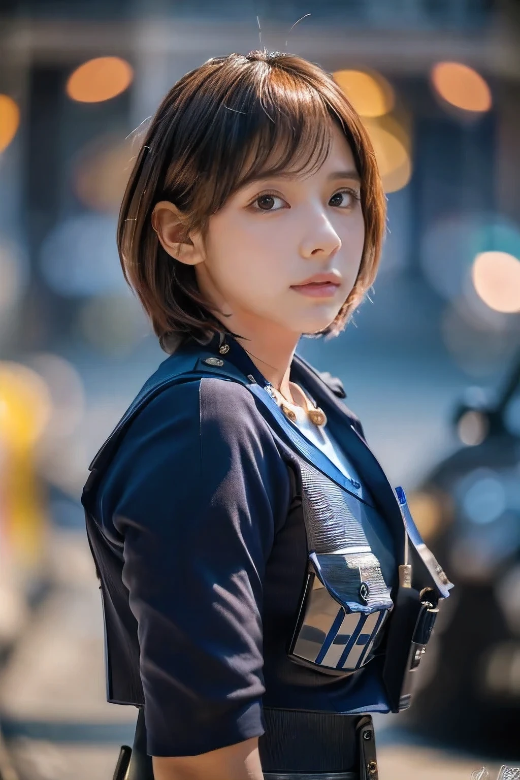 (Close-up:1.4)、(RAW Photos:1.2)、(Photorealistic:1.4)、(masterpiece:1.3)、(Highest quality:1.4)、(Beautiful woman with perfect body:1.4)、Beautiful female soldier、Wearing a suit、Beautiful young Japanese woman、Highly detailed face and skin texture、Small, large eyes、double eyelid、Cute Face、(Short Bob:1.2)、Storm and epic war scenes、cyber punk、(Plug Suit)、((Navy and white futuristic police uniform)), Perfect quality,, Stunning beauty,, Small breasts, (High quality anime), Standing on the street by the river next to the village, Please place your hand on your chest, Looking at the audience, Gauntlet. Short hair blowing in the wind, , Bright lightning.Gun holder on the waist