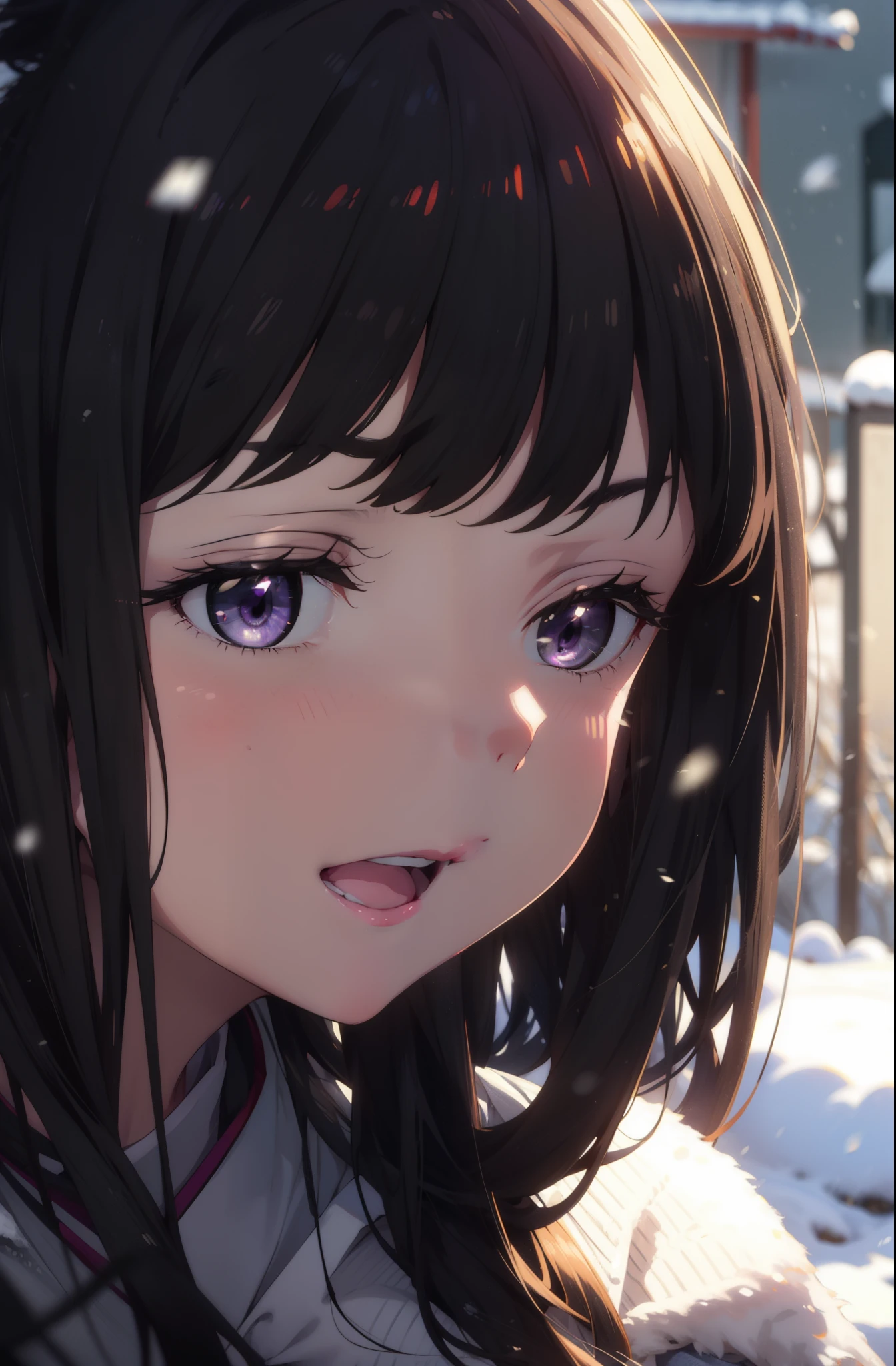 Takiuchi, Inoue Check, Long Hair, bangs, Black Hair, (Purple eyes:1.2),smile,
Open your mouth,snow,There&#39;Fire burning on the ground, Outdoor, boots, snowing, From the side, wood, suitcase, Cape, Blurred, forest,  nature, Squat,  Cape, winter, Written boundary depth, Black shoes, blue Cape break looking at viewer, Upper Body, whole body, break Outdoor, forest, nature, break (masterpiece:1.2), highest quality, High resolution, unity 8k wallpaper, (shape:0.8), (Beautiful and beautiful eyes:1.6), Highly detailed face, Perfect lighting, Highly detailed CG, (Perfect hands, Perfect Anatomy),
