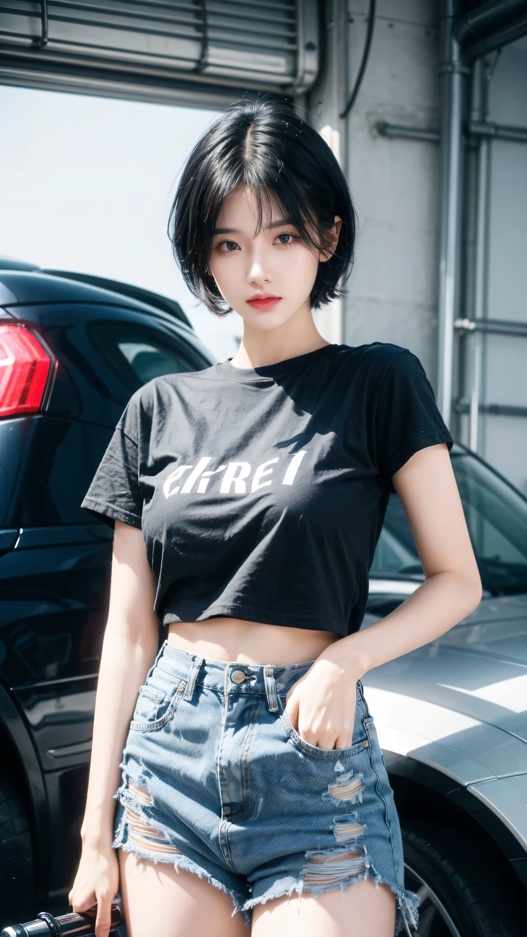 best quality, 1 Girl, dark blue hair, black eyes, Very short hair, Spiky hair, white oversize t-shirt, High waist short jeans, 171 cm, Messy hair, Hair between the eyes, Medium breasts, full, Tomboy, aldult, 20 years old, 1 Girl near red motorcycle
