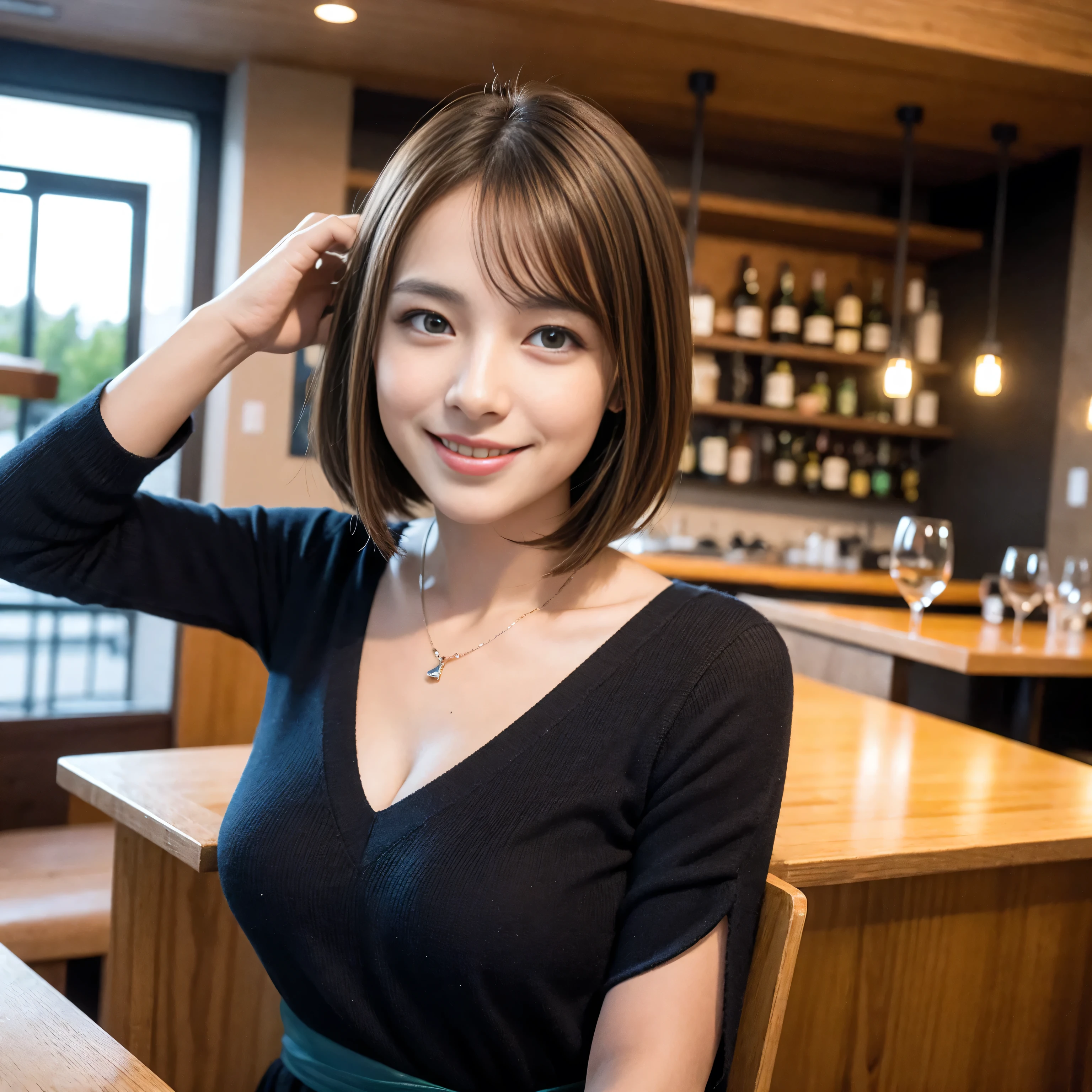 ((highest quality、8k、masterpiece:1.3))、1 male、1 female、Couple、Spouse、Couple、The body is slim、((Bob Hale、Straight hair:1.2)), (Realistic, Intricate details:1.2), Wine glass on the table、Shine light on your face、 Amazing view of the sunset sky and clouds、Amazing mountain views、A bright smile、The wonderfulness of smile、Bright image、The beauty of wine, Beautiful Face, blue eyes, The light shines on your face, Blushing, short hair,Bright Face、 (Age 37), 39 years old, red wine 、Appetizers、Italian food、Wine bottle、Champagne、sparkling wine、Two beauties、Brown Hair、Shortcuts、Long sleeve shirt、dress、Pretty Woman 1, (Slim face), (The body is slim), (Brown Hair), (Shortcuts), cheeks turn a little red,Attractive beauty、restaurant, In a prominent place (From the waist up) Nova Frog Style, actress, model, Upper Body, White wine, slim, wine glass, A wine glass placed in the center, smile, (smile: 1.15), Beautiful fine grain, Depth f/2,saturation, High Contrast, Strong light and shadow,Moist Body:1.5、3D texture、Delicate eyes、Brown Hair、The hair is very shiny、