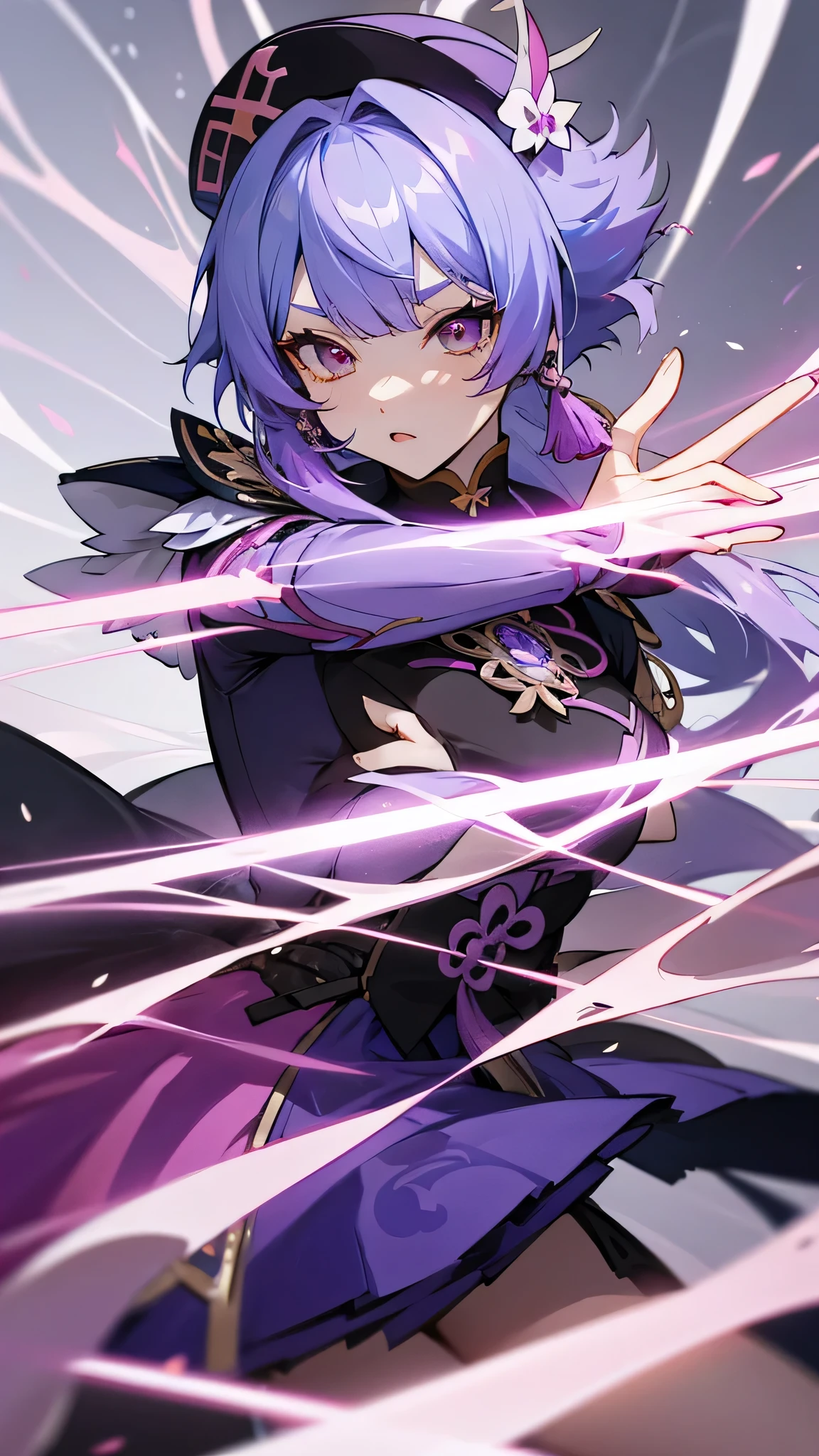 Anime girl with purple hair and purple dress holding a sword, Image via Kamagurka, pixiv, New line plus, ayaka Genshin Impact impact, keqing from Genshin Impact impact, zhongli from Genshin Impact impact, ayaka game Genshin Impact impact, heise jinyao, Onmyoji Portrait, Genshin Impact, Genshin Impact impact character