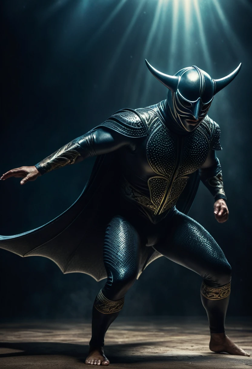 a luchador manta ray, full body, masked, dramatic lighting, dark moody colors, cinematic, highly detailed, intricate texture, muscular physique, dynamic pose, action scene, photorealistic, 8k, best quality, masterpiece