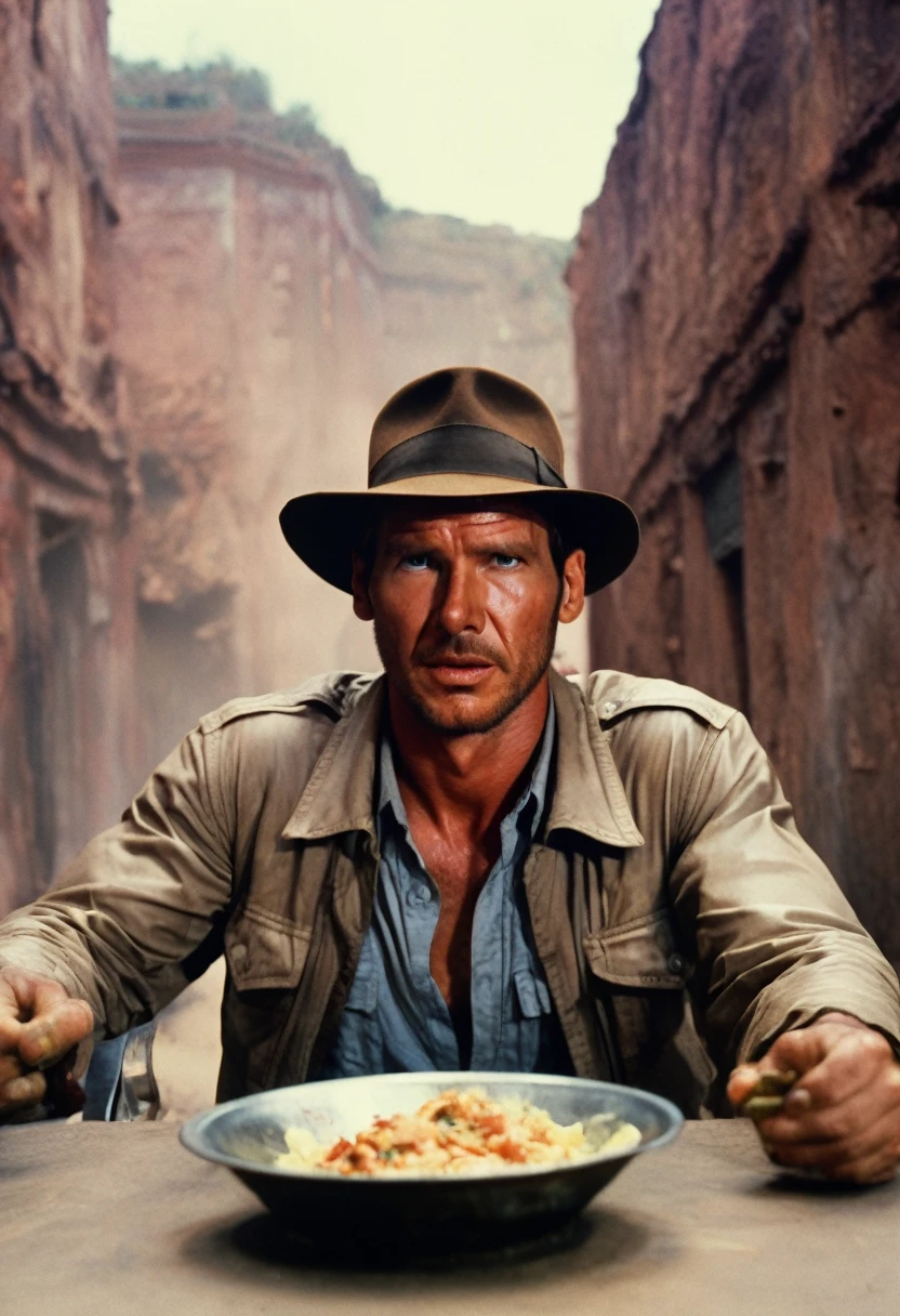 Indianajones Person eating meal, Morroco city in the background, Sideshow, eerie moody, iconic hat, film grain movie scene.