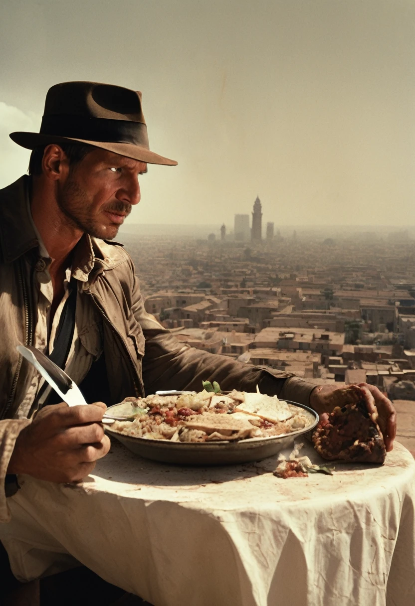 Indianajones Person eating meal, Morroco city in the background, Sideshow, eerie moody, iconic hat, film grain movie scene.