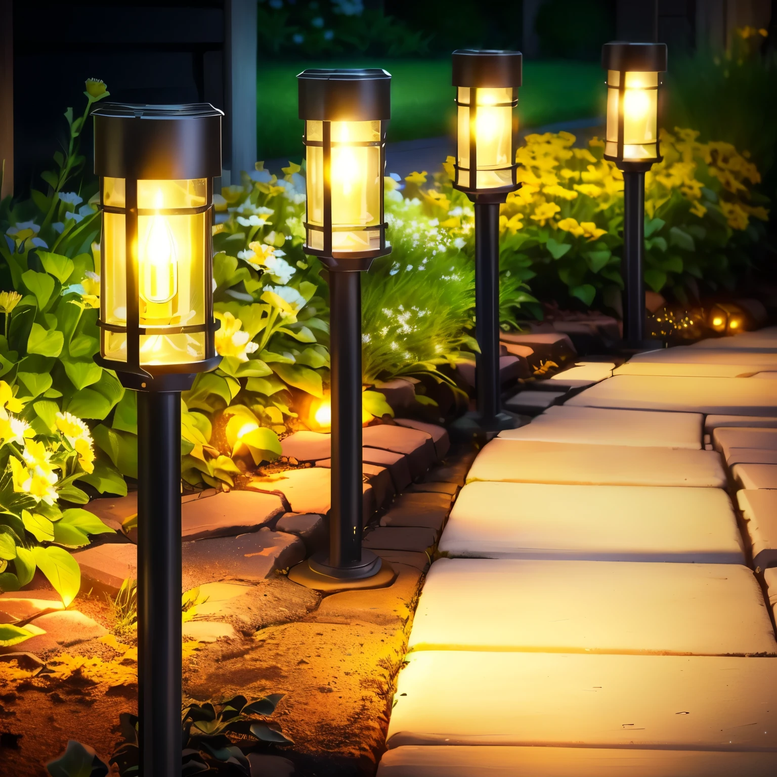 Close up of a row of lights on the sidewalk, Flowers,Green plants, lamps on ground, outdoor lighting, outdoor lighting, Outdoor lighting, Night lights, Torches, Torch Light, Torch Lighting, soft filtered outdoor lighting, Warm and cold lighting, Summer lighting, Warm lantern lighting, cinematic outdoor lighting, High-quality lighting, Shining lights