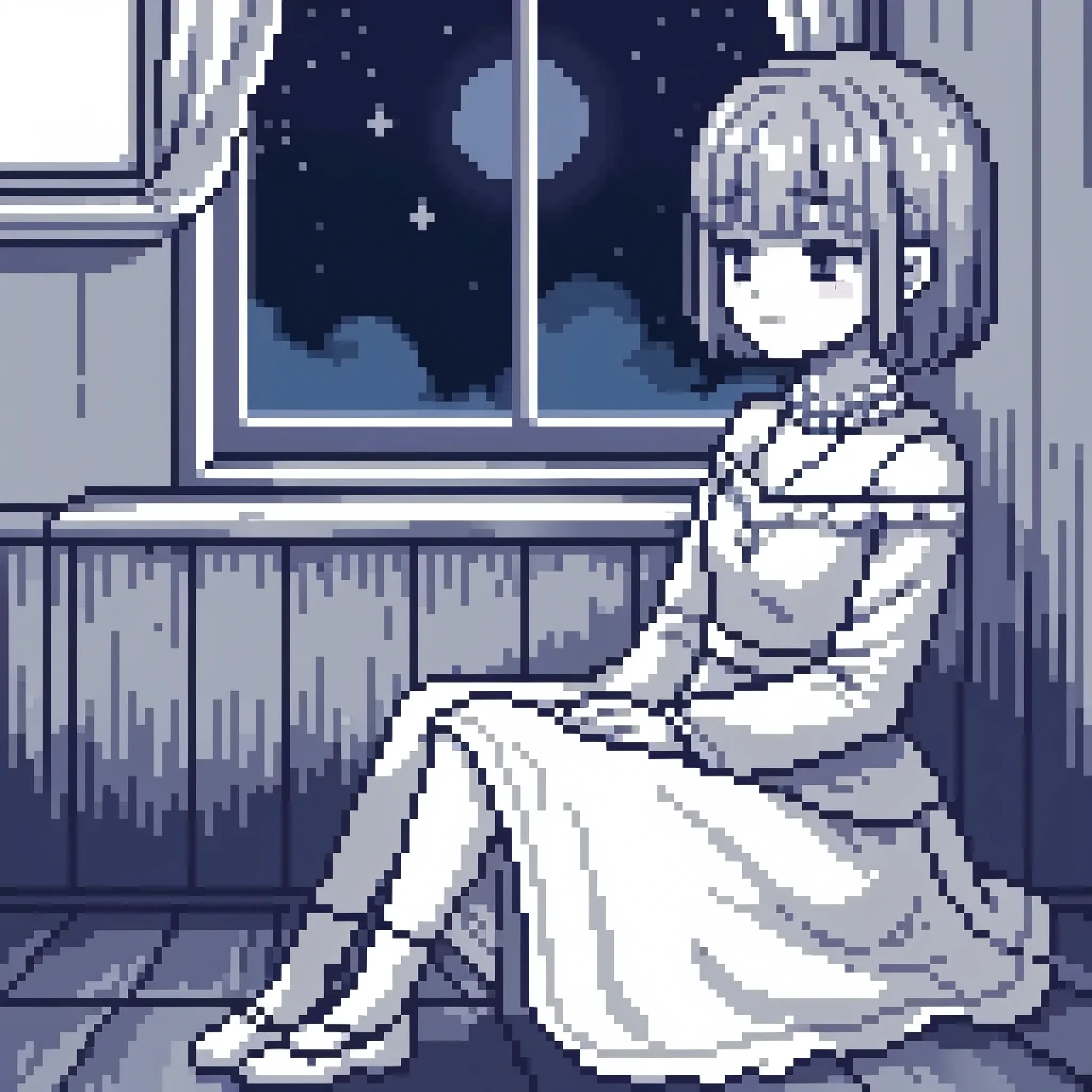 {mood:melancholic_and_isolated}
{light_source:soft_and_dim_light_with_a_blue_hue}
{setting:lonely_room_with_bare_walls_and_a_single_window_at_night}
{character_expression:sad_and_reflective_with_a_hint_of_hope}
{atmosphere:somber_with_a_sense_of_yearning_for_escape}
{weather:calm_and_silent_night_with_a_light_mist_outside_the_window}
{color_palette:cool_and_muted_tones_with_high_contrast_for_a_dreamlike_feel}
{texture:smooth_and_minimalistic_with_subtle_details}
{symbolism:heart_as_a_fragile_glass_and_mind_as_unyielding_stone}
{character_pose:sitting_on_the_floor_with_knees_drawn_up_and_arms_wrapped_around_them}
{accessory:a_single_string_of_pearls_around_the_neck_symbolizing_beauty_in_sadness}
{background_detail:a_faint_reflection_of_the_character_in_the_window}
{time_of_day:late_evening_with_a_dark_sky_and_a_few_stars}
{sound_effects:distant_echoes_of_silence_with_a_soft_melody_playing_in_the_background}
{emotion_highlight:deep_sense_of_loneliness_with_a_touch_of_resilience}
{art_style_emphasis:dreamy_and_nostalgic_pixel_art_with_sharp_edges_and_soft_gradients}