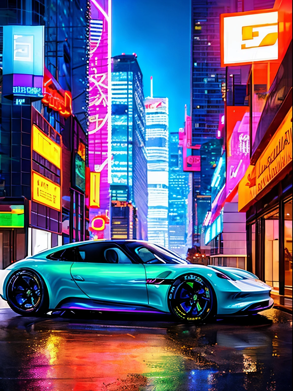 Porsche concept car in a cyberpunk city, neon lights, futuristic skyscrapers, light trials