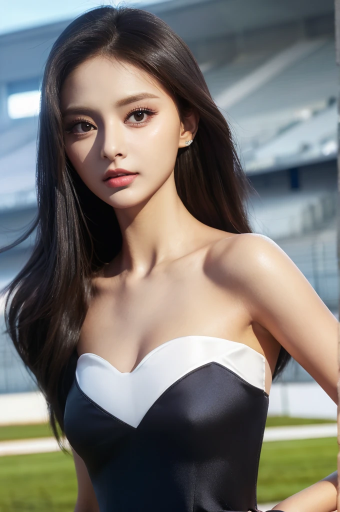 Tzuyu 1, woman, (Realistic), (Hyperrealism), (photoRealistic), Depth of written boundary, eye make up:0.7 (whole body:1.2), (Large Bust),(Tight waist), Watching the audience,In the pits at the racing track, Race Queen, Sexy dress with open shoulders and neckline