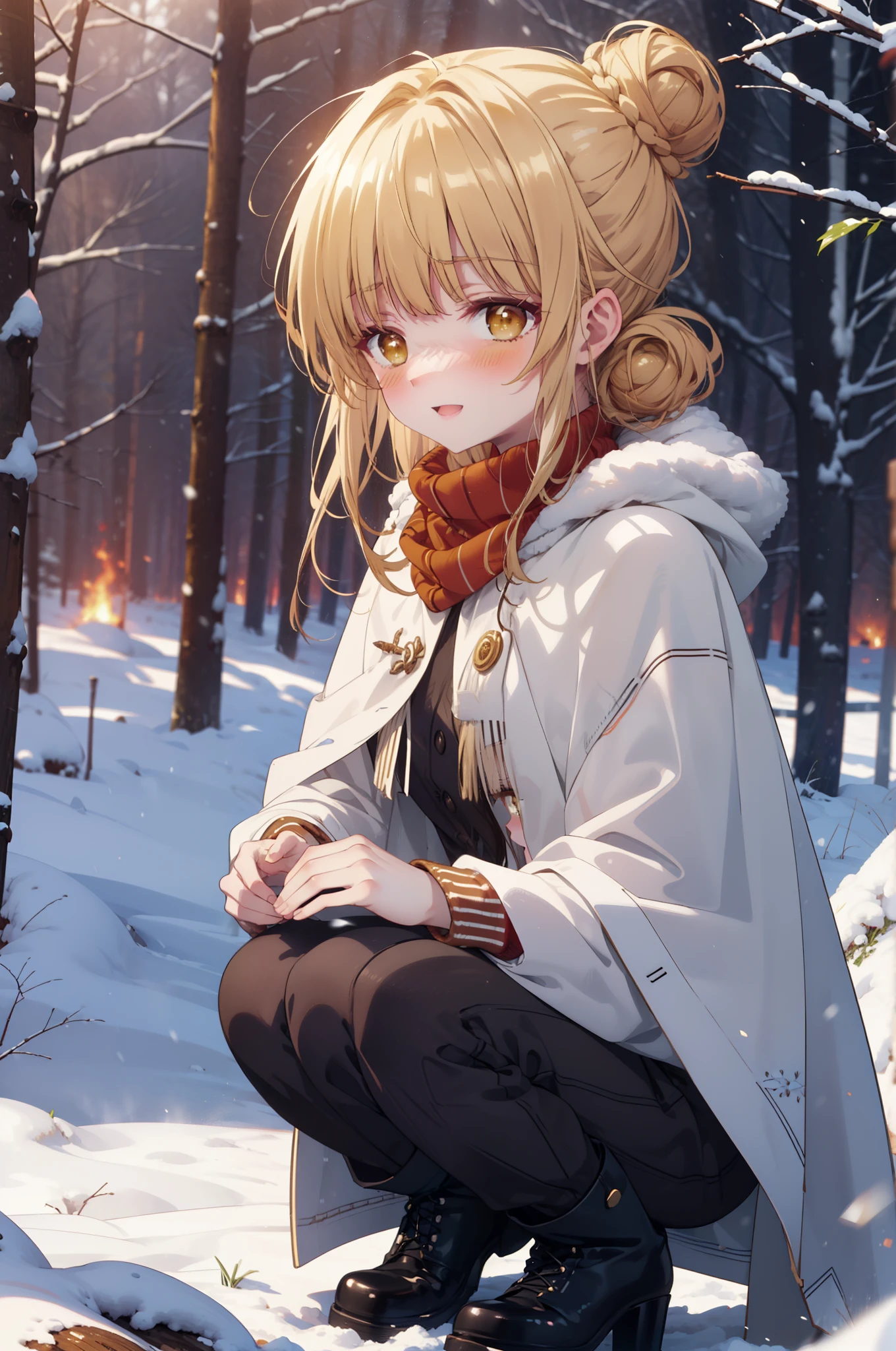 This is Mahirshina, Mahiru shiina, blonde, (Brown eyes:1.7), Long Hair, happy smile, smile, Open your mouth,Hair Bun, single Hair Bun,blush,White Breath,
Open your mouth,snow,Ground bonfire, Outdoor, boots, snowing, From the side, wood, suitcase, Cape, Blurred, Increase your meals, forest, White handbag, nature,  Squat, Mouth closed, フードed Cape, winter, Written boundary depth, Black shoes, red Cape break looking at viewer, Upper Body, whole body, break Outdoor, forest, nature, break (masterpiece:1.2), highest quality, High resolution, unity 8k wallpaper, (shape:0.8), (Beautiful and beautiful eyes:1.6), Highly detailed face, Perfect lighting, Highly detailed CG, (Perfect hands, Perfect Anatomy),