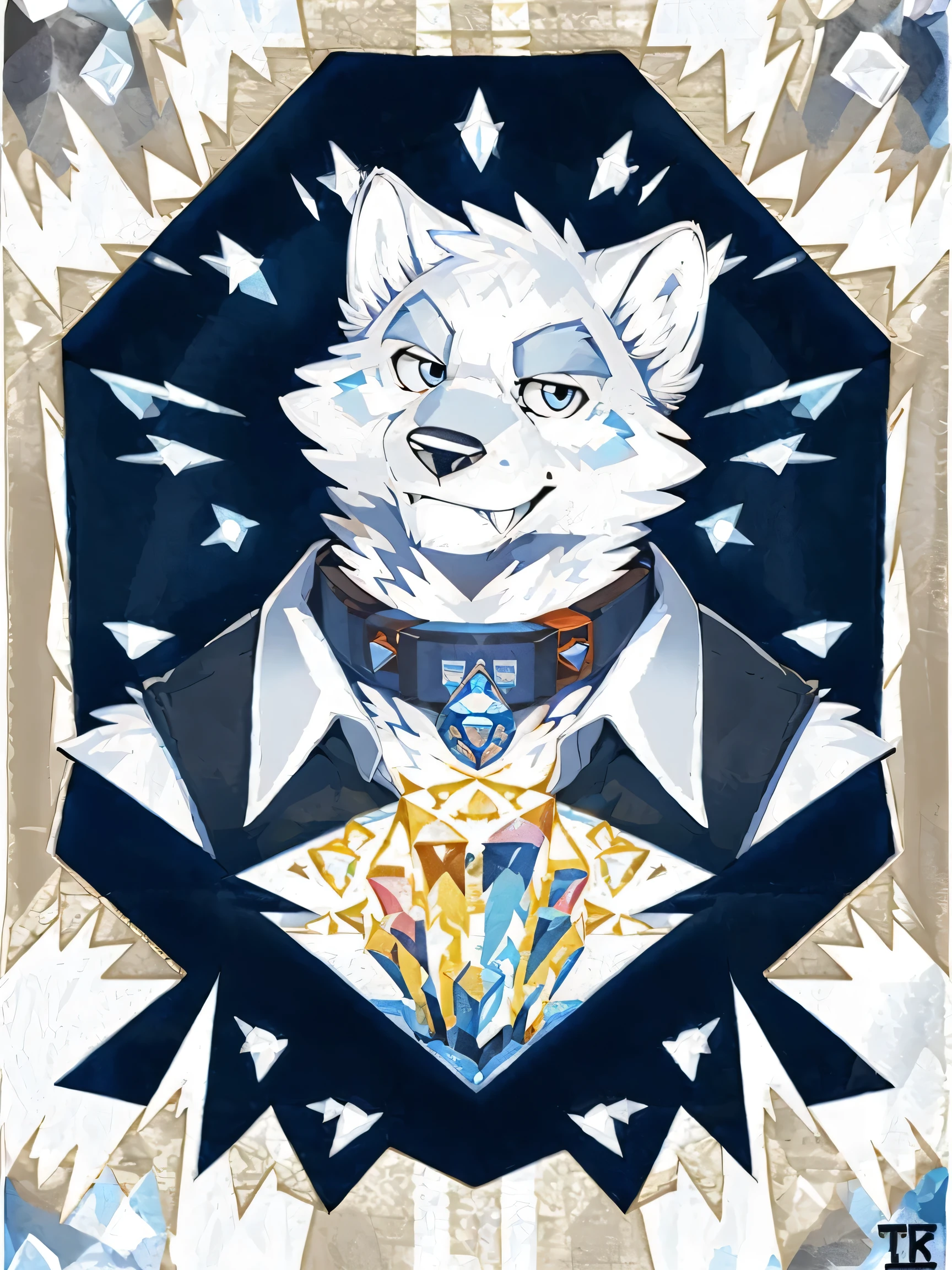 Snow Wolf, ((All white fur:1.5)), Perfect sky blue eyes, collar, (artist:Takemoto Arashi), Mature face, (Reach out:1.5), Charming smile, Unbutton your shirt, Logo, stamp, Geometric patterns, Vector Art, Constructivism, American propaganda poster, best quality, Ultra HD, gem, crystal