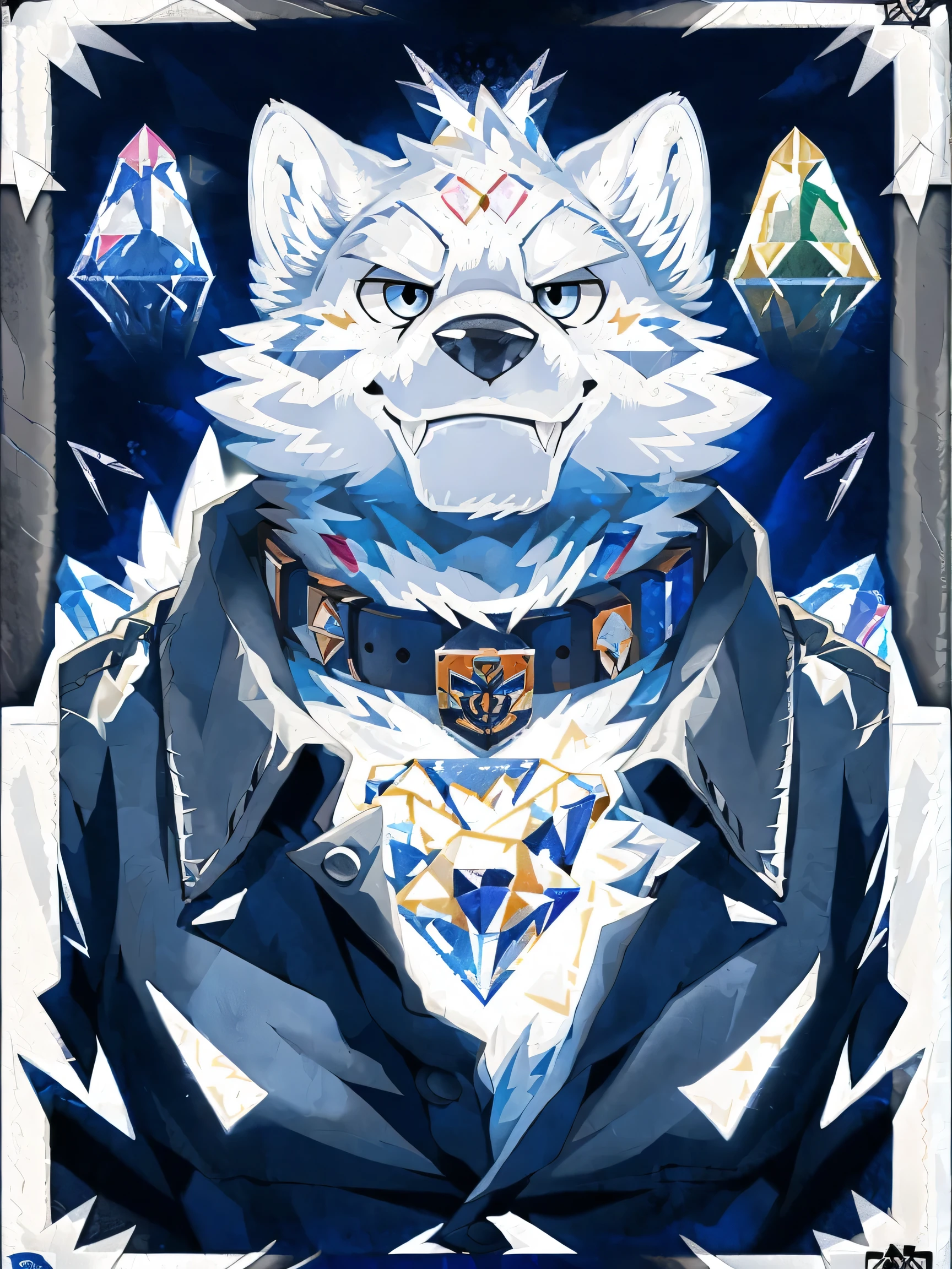 Snow Wolf, ((All white fur:1.5)), Perfect sky blue eyes, collar, (artist:Takemoto Arashi), Mature face, (Reach out:1.5), Charming smile, Unbutton your shirt, Logo, stamp, Geometric patterns, Vector Art, Constructivism, American propaganda poster, best quality, Ultra HD, gem, crystal