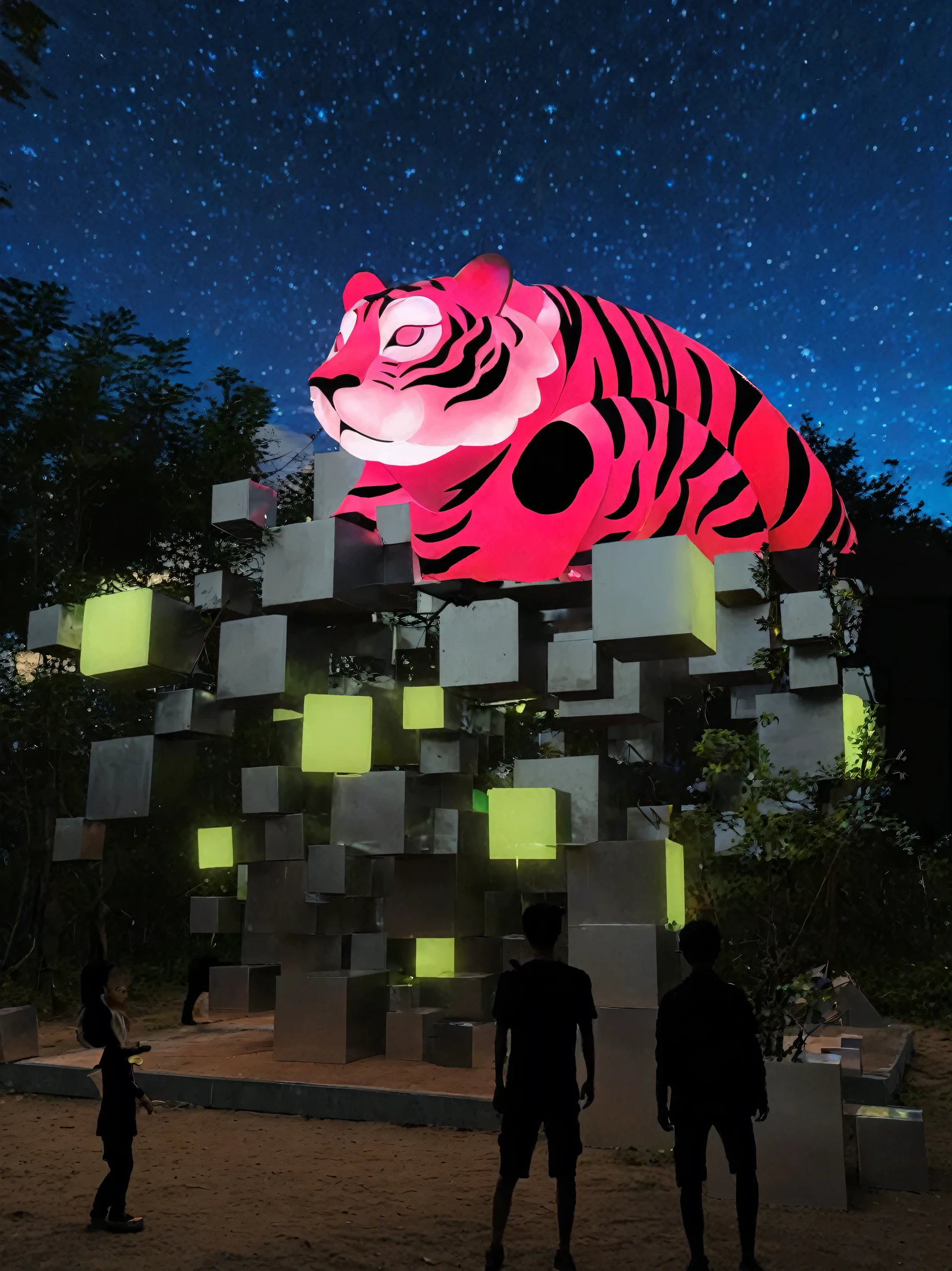 In the forest at night，On open land，An art installation made of a bunch of smooth stainless steel blocks of different sizes，Some glowing，There is a huge cartoon tiger lying on it，Cute and adorable，Background is starry sky，There are pedestrians around