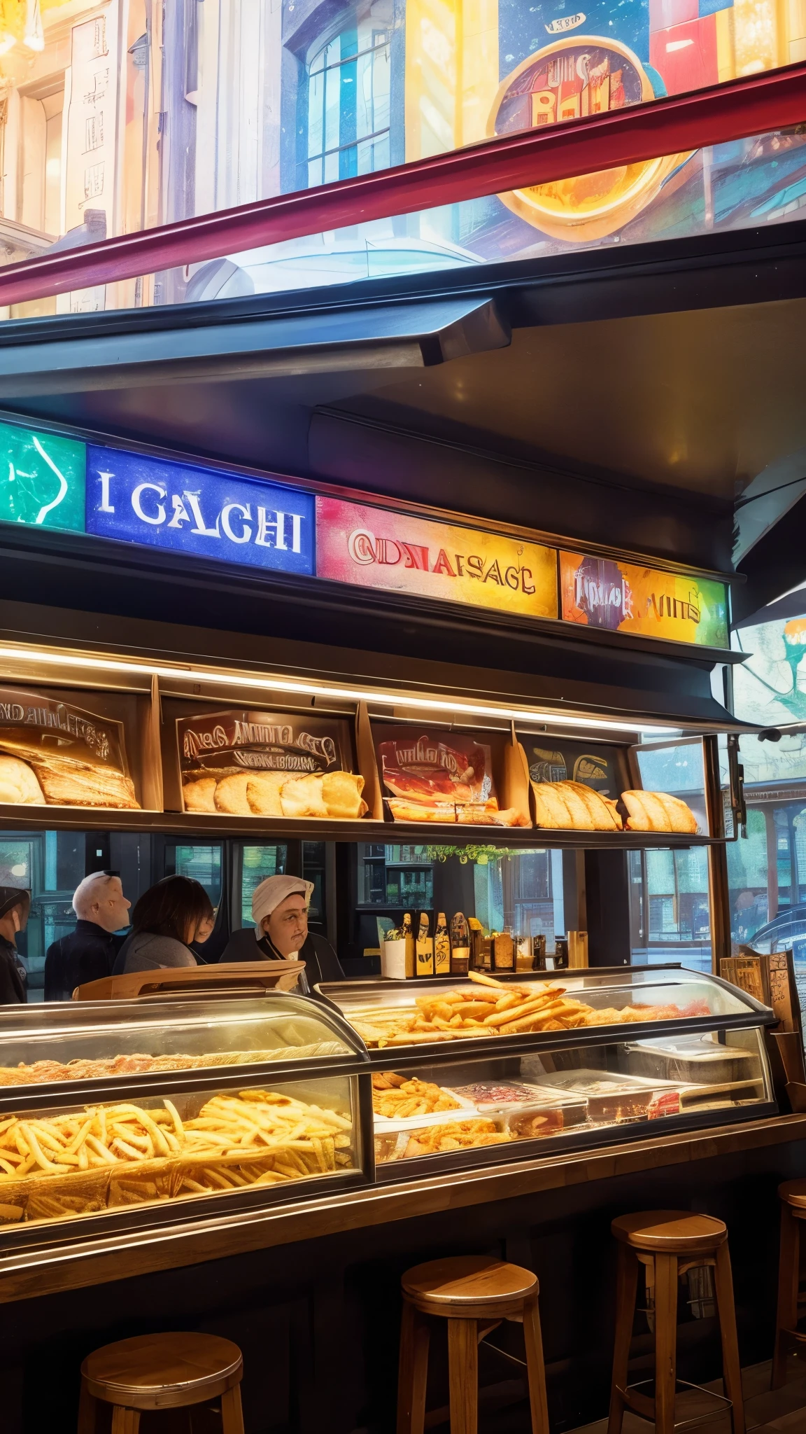 [(Transparent Background: 1.5)::5],(((masterpiece))),(((highest quality))),(((Very detailed))),figure, Mysterious,Bright colors, Shiny , (Impressionism: 1.4), Ready to eat, french fries, Family Barrel, Fish and Chips, (snack bar), (Opening a store), London, Harry potter, Harry potter, The wizarding world, Restaurant, cooking, Foodservice, typography, type design, Magic Style, Mysteriousフォント, 