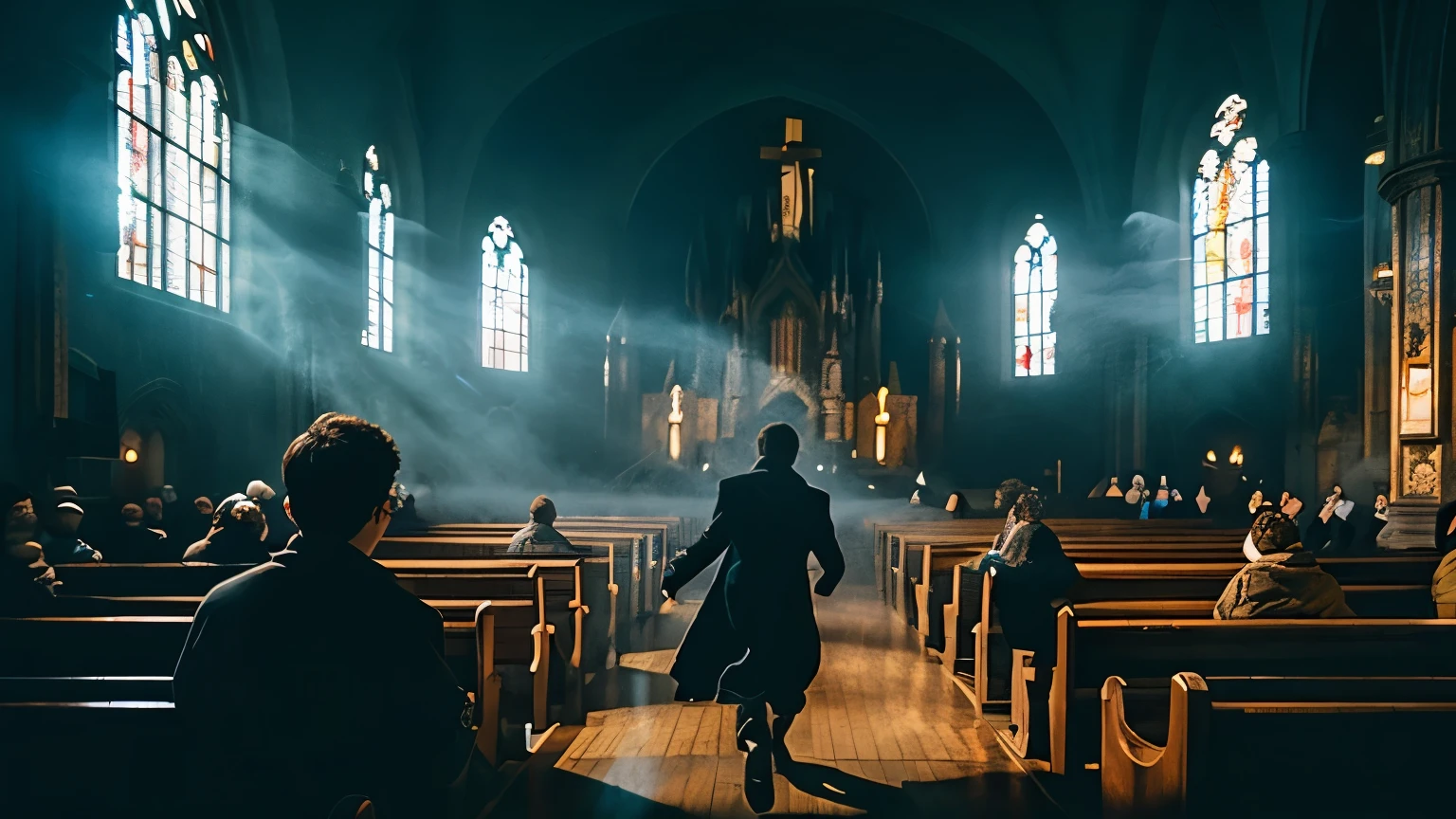 last scene from a movie, giant tall scary ghost figures semi transparent apparitions floating and flying, smoke on the floor, in the giant church , busy crowd running away