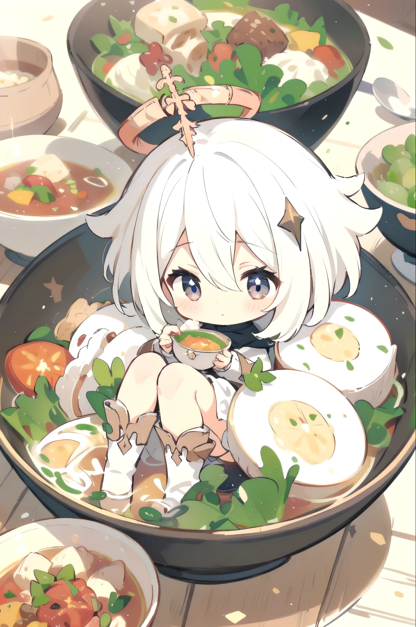 1 small chibi girl, solo, thighhighs, paimon (genshin impact), long sleeves, white dress, dress, halo, thighhighs under boots, single thighhigh, bangs, boots, hair between eyes, white footwear,  white thighhighs, white hair, ((sitting inside a bowl of soup)) ((small chibi girl inside a big bowl of food))