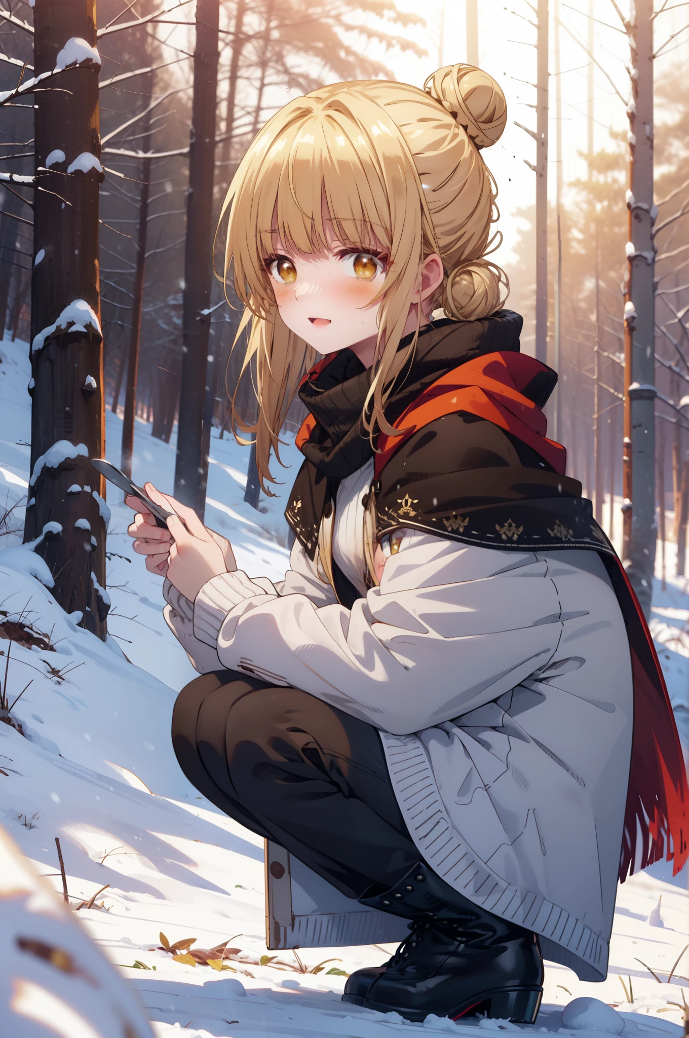 This is Mahirshina, Mahiru shiina, blonde, (Brown eyes:1.7), Long Hair, happy smile, smile, Open your mouth,Hair Bun, single Hair Bun,blush,White Breath,
Open your mouth,snow,Ground bonfire, Outdoor, boots, snowing, From the side, wood, suitcase, Cape, Blurred, Increase your meals, forest, White handbag, nature,  Squat, Mouth closed, フードed Cape, winter, Written boundary depth, Black shoes, red Cape break looking at viewer, Upper Body, whole body, break Outdoor, forest, nature, break (masterpiece:1.2), highest quality, High resolution, unity 8k wallpaper, (shape:0.8), (Beautiful and beautiful eyes:1.6), Highly detailed face, Perfect lighting, Highly detailed CG, (Perfect hands, Perfect Anatomy),