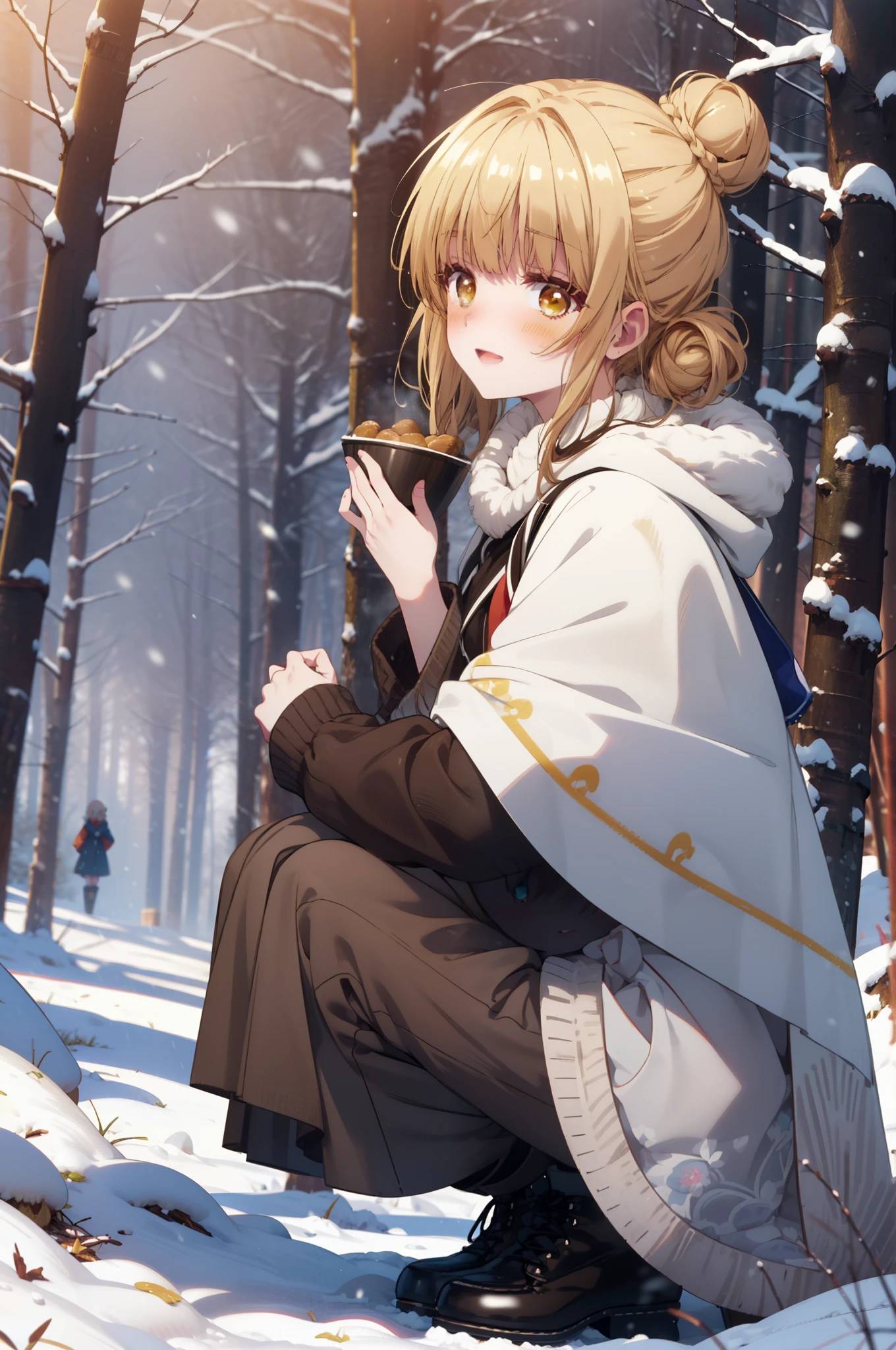 This is Mahirshina, Mahiru shiina, blonde, (Brown eyes:1.7), Long Hair, happy smile, smile, Open your mouth,Hair Bun, single Hair Bun,blush,White Breath,
Open your mouth,snow,Ground bonfire, Outdoor, boots, snowing, From the side, wood, suitcase, Cape, Blurred, Increase your meals, forest, White handbag, nature,  Squat, Mouth closed, フードed Cape, winter, Written boundary depth, Black shoes, red Cape break looking at viewer, Upper Body, whole body, break Outdoor, forest, nature, break (masterpiece:1.2), highest quality, High resolution, unity 8k wallpaper, (shape:0.8), (Beautiful and beautiful eyes:1.6), Highly detailed face, Perfect lighting, Highly detailed CG, (Perfect hands, Perfect ???????),