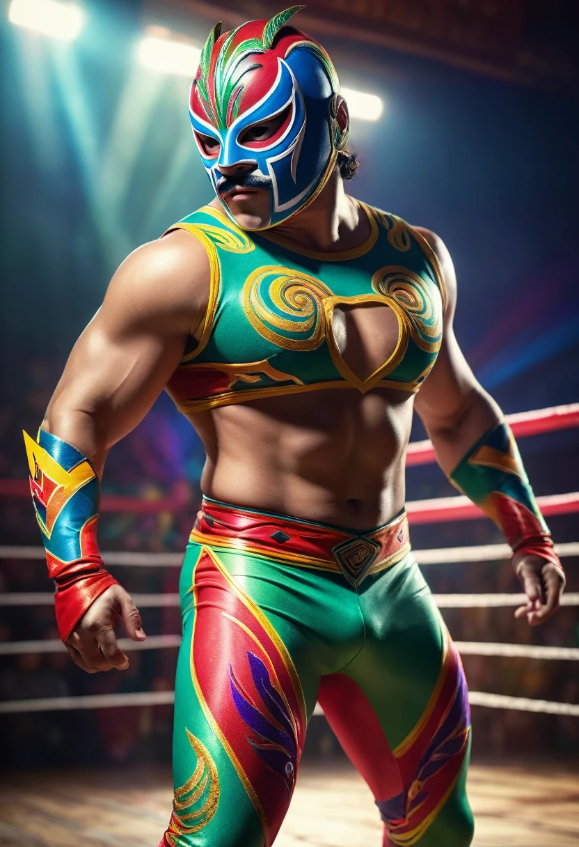 a luchador masked wrestler, idol,detailed muscular body,powerful stance,colorful spandex costume,mexican wrestler,detailed face and mask,dramatic lighting,vibrant colors,cinematic composition,action pose,dynamic motion blur,dramatic shadows,photorealistic,best quality,8k,highres,masterpiece,ultra-detailed,realistic