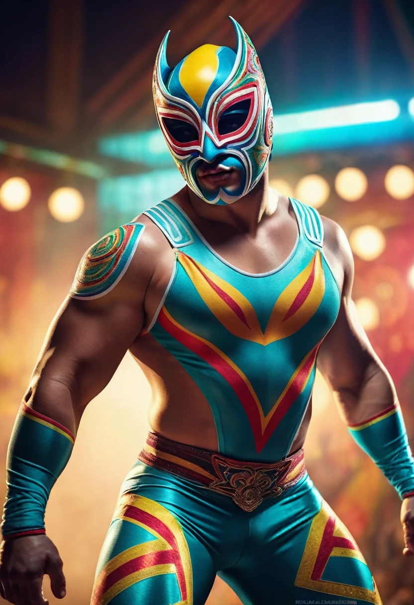 a luchador masked wrestler, idol,detailed muscular body,powerful stance,colorful spandex costume,mexican wrestler,detailed face and mask,dramatic lighting,vibrant colors,cinematic composition,action pose,dynamic motion blur,dramatic shadows,photorealistic,best quality,8k,highres,masterpiece,ultra-detailed,realistic